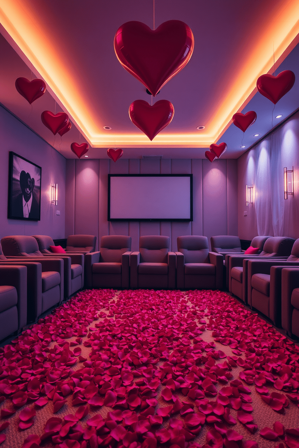 A romantic home theater setting for Valentine's Day, featuring a pathway made of rose petals leading to plush seating. The walls are adorned with soft, ambient lighting, and heart-shaped decorations hang from the ceiling, creating an intimate atmosphere.