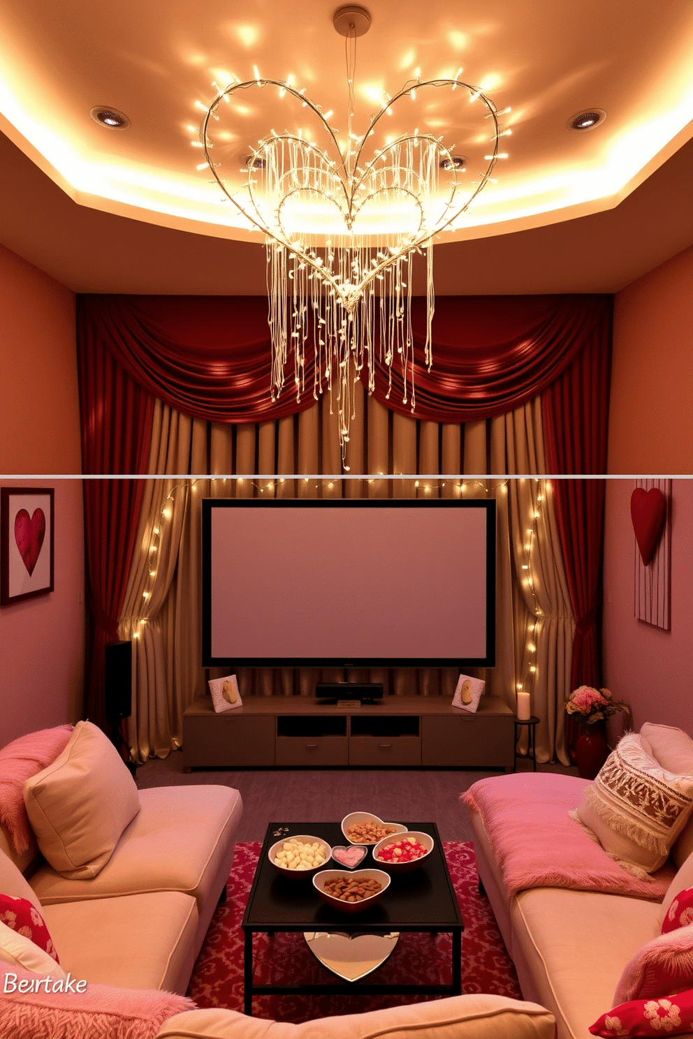 A whimsical heart-shaped canopy made of delicate fairy lights hangs from the ceiling, casting a warm and enchanting glow throughout the room. Below, a plush seating area is arranged with oversized cushions and soft throws, creating an inviting atmosphere for cozy movie nights. For a home theater decorated for Valentine's Day, the walls are adorned with romantic red and pink accents, featuring heart-themed artwork and soft drapes. A large screen is framed by twinkling lights, and a selection of heart-shaped snacks is arranged on a stylish coffee table, adding a festive touch to the cinematic experience.