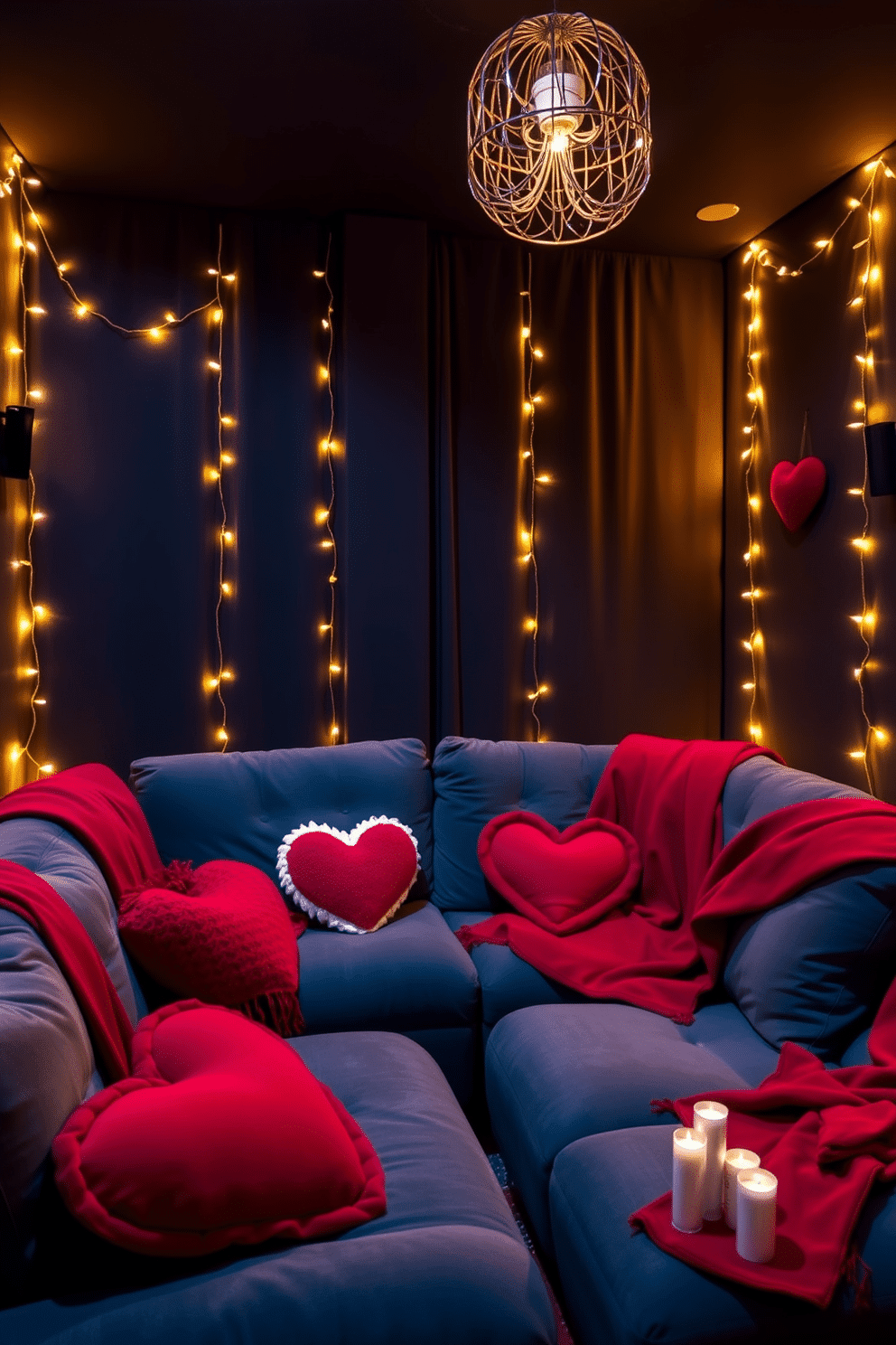 A cozy home theater adorned with dimmed lighting creates an inviting atmosphere for movie nights. Soft, plush seating is arranged in a semi-circle, while twinkling fairy lights are draped along the walls, adding a touch of magic to the space. For Valentine's Day, the theater is decorated with romantic accents such as heart-shaped cushions and red throw blankets. Subtle candlelight enhances the ambiance, making it the perfect setting for a cozy date night in.