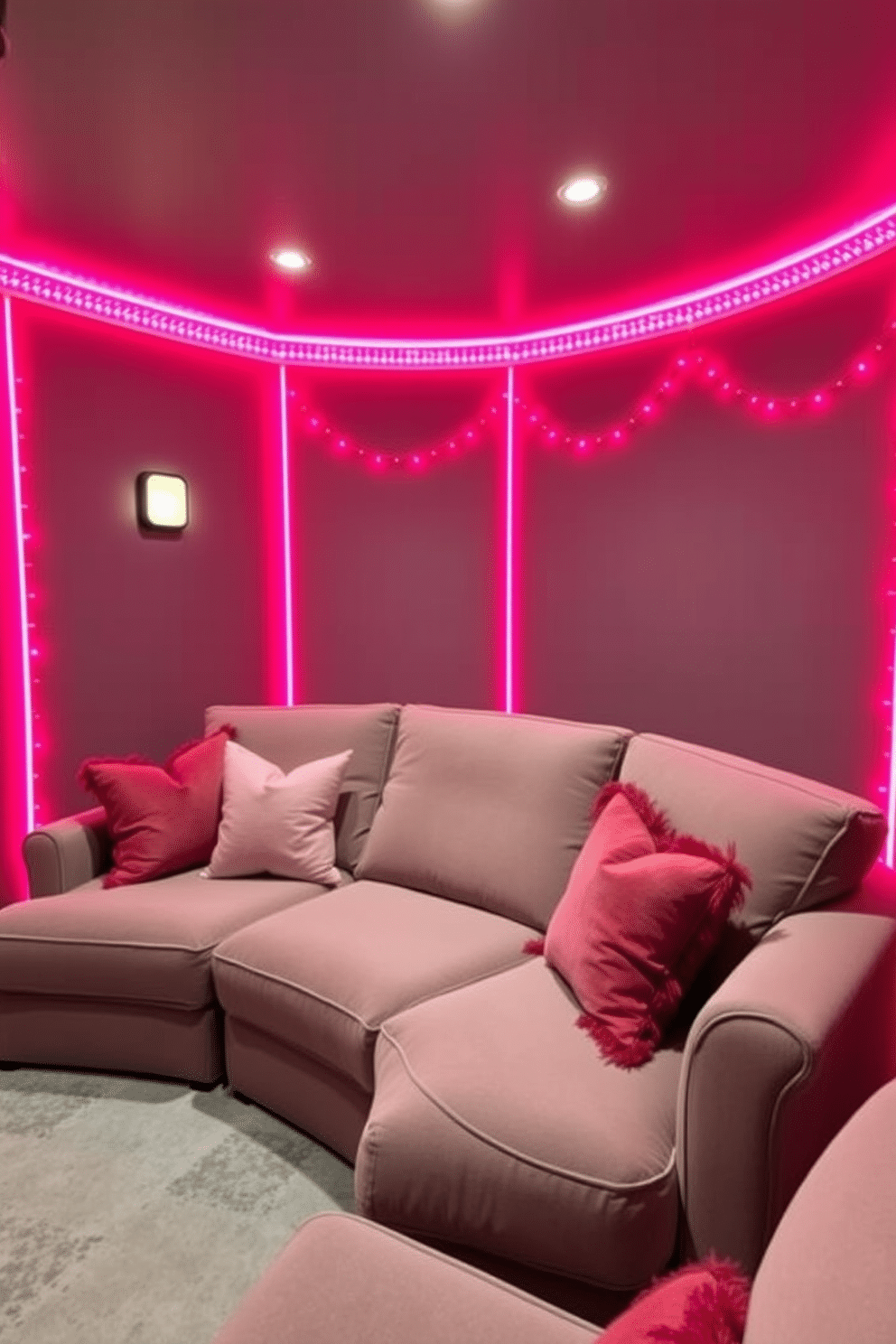 A cozy home theater adorned for Valentine's Day, featuring pink and red LED strips that create a warm, romantic ambiance. Plush seating is arranged in a semi-circle, with soft throw pillows in shades of blush and crimson enhancing the comfort and style of the space.