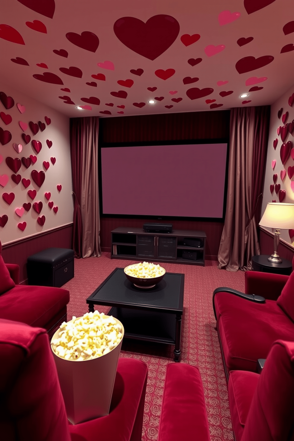 A cozy home theater adorned with heart-themed wall decals. The walls are decorated with various sizes of red and pink hearts, creating a romantic atmosphere perfect for Valentine's Day movie nights. Plush seating in rich burgundy complements the heart motifs, while soft, dimmable lighting enhances the intimate vibe. A large screen is framed by elegant curtains, and a bowl of popcorn sits on a stylish coffee table, inviting guests to enjoy a film in comfort.