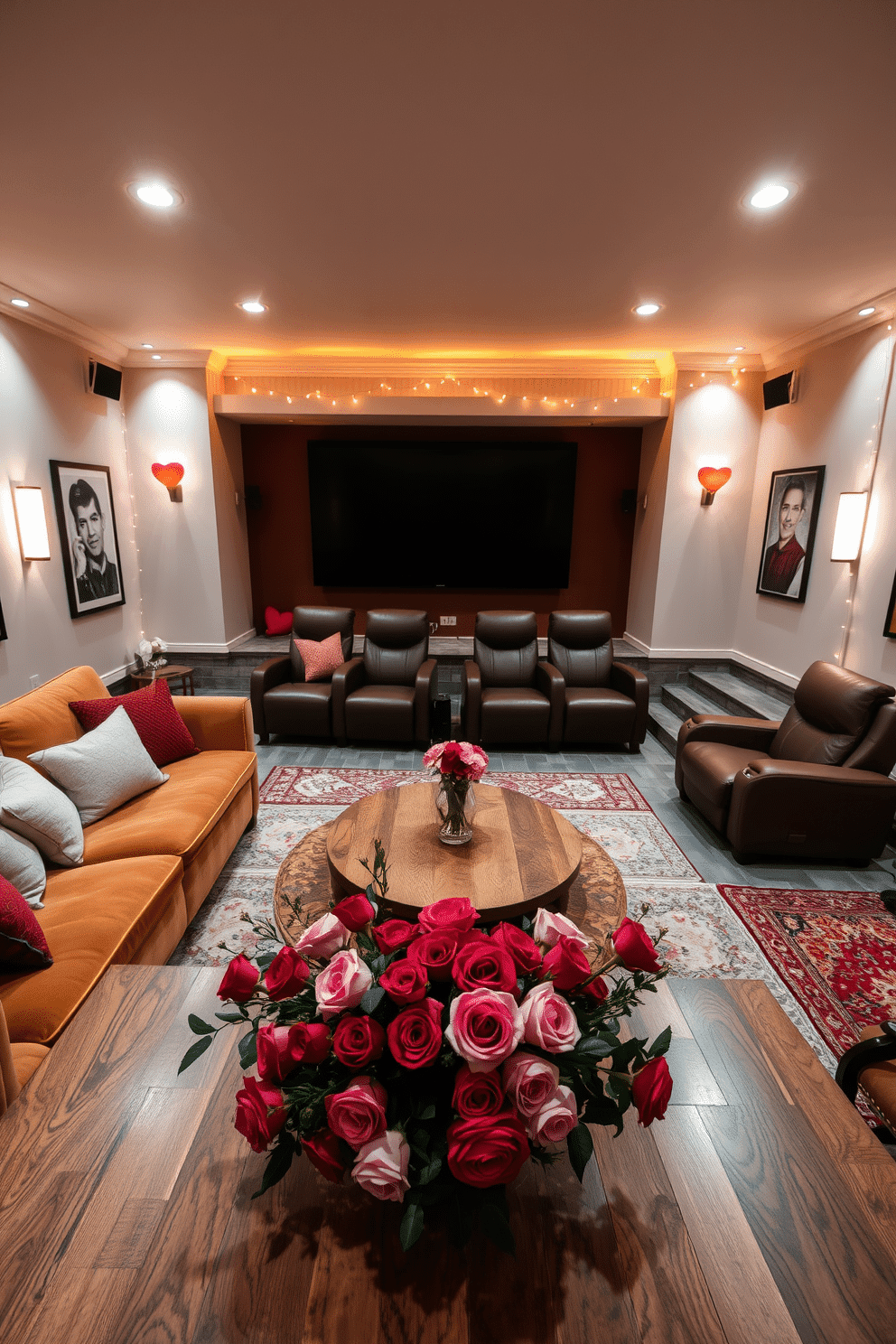 A cozy couples' seating arrangement features a plush, oversized sectional sofa in a warm, neutral tone, accented with vibrant throw pillows. A round coffee table made of reclaimed wood sits at the center, surrounded by soft area rugs that add texture and warmth to the space. The home theater is designed for ultimate comfort, with tiered seating that includes reclining leather chairs and a large, wall-mounted screen. Ambient lighting creates a cinematic atmosphere, while soundproofing ensures an immersive experience for movie nights. For Valentine's Day decorating ideas, the space is adorned with romantic touches such as heart-shaped cushions and soft, twinkling fairy lights. A centerpiece of fresh roses in varying shades of red and pink adds a touch of elegance to the dining table, creating a perfect setting for a romantic dinner.