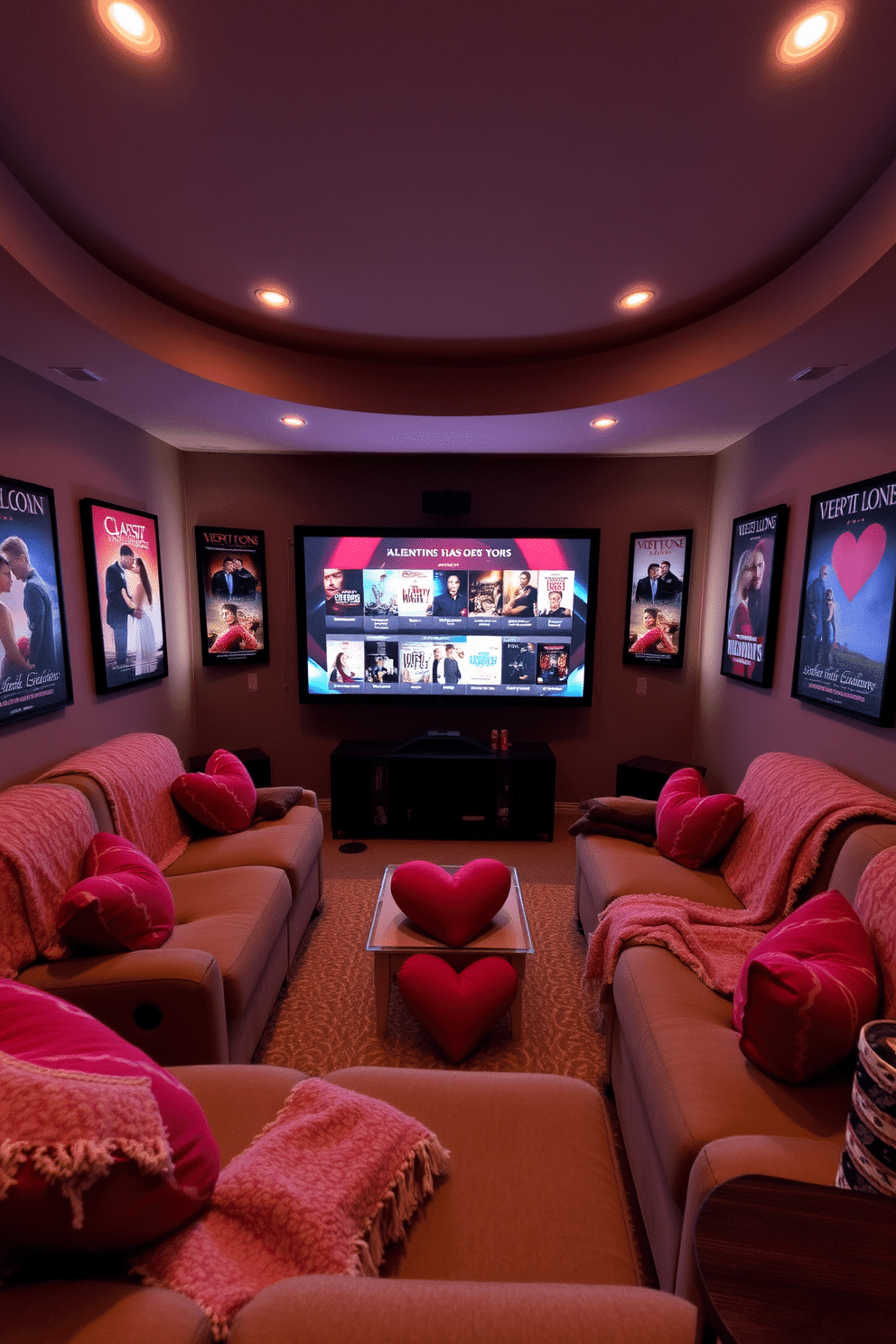 A cozy home theater decorated for Valentine's Day. The walls are adorned with romantic movie posters featuring classic love stories, and soft, dimmable lighting creates an intimate atmosphere. Plush seating is arranged in a semi-circle, draped with heart-patterned throw blankets. A large screen displays a selection of romantic films, while heart-shaped cushions add a playful touch to the decor.