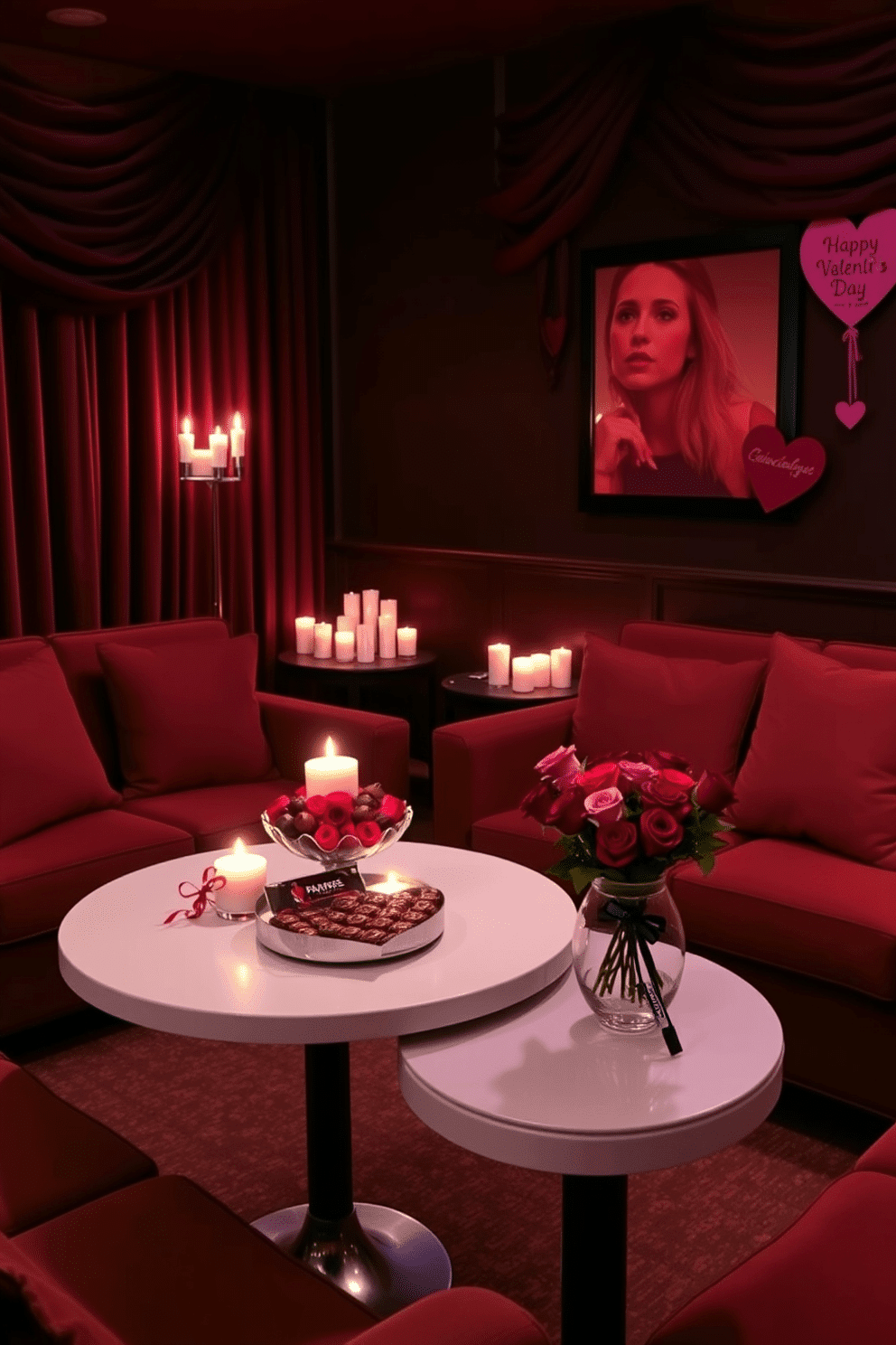 A romantic home theater setting adorned with plush seating and soft lighting. On the tables, elegant arrangements of chocolates and roses create an inviting atmosphere for a Valentine's Day celebration. The walls are draped in rich, deep hues, enhancing the cozy ambiance. Flickering candles and heart-shaped decorations add a touch of whimsy and romance to the space.