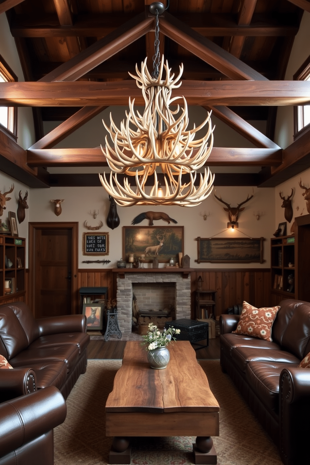 A rustic antler chandelier hangs majestically from the ceiling, casting a warm glow over the room. The centerpiece draws attention to the handcrafted wooden beams that frame the space, enhancing the rugged charm of the man cave. Leather sofas in deep brown tones are arranged around a reclaimed wood coffee table, inviting relaxation and conversation. Vintage hunting memorabilia adorns the walls, creating an atmosphere that celebrates the outdoors and a love for adventure.