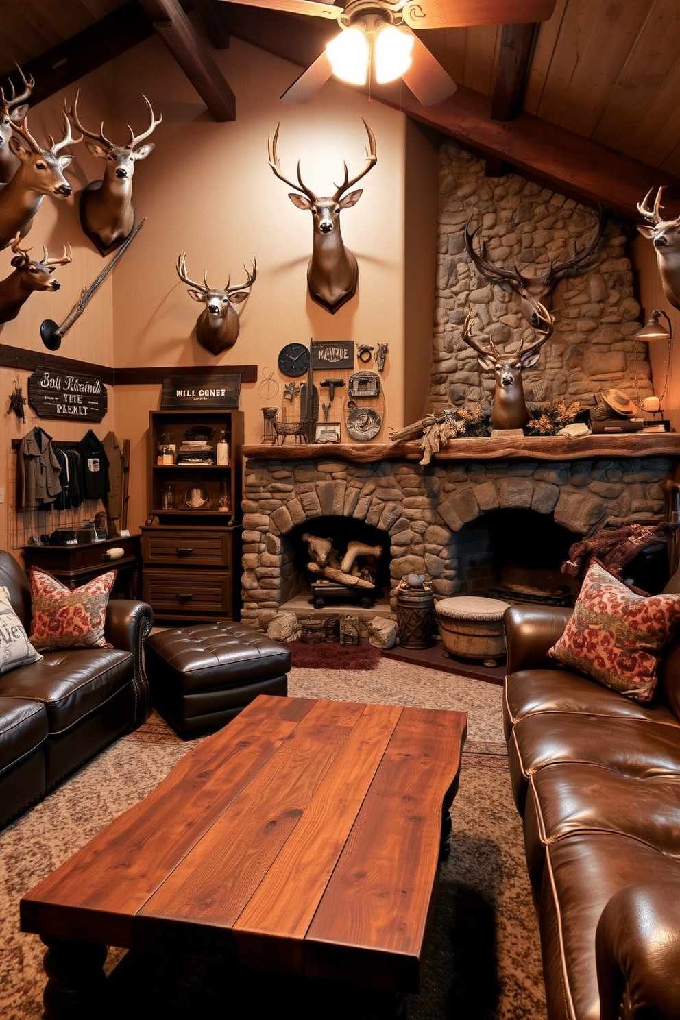 A rustic hunting man cave featuring taxidermy accents that enhance the authentic feel of the space. The walls are adorned with mounted deer heads and vintage hunting memorabilia, creating a warm and inviting atmosphere. The room is furnished with a large leather sofa and a reclaimed wood coffee table, perfect for relaxation after a day in the field. Soft, ambient lighting highlights the unique decor, while a stone fireplace adds a cozy focal point to the design.