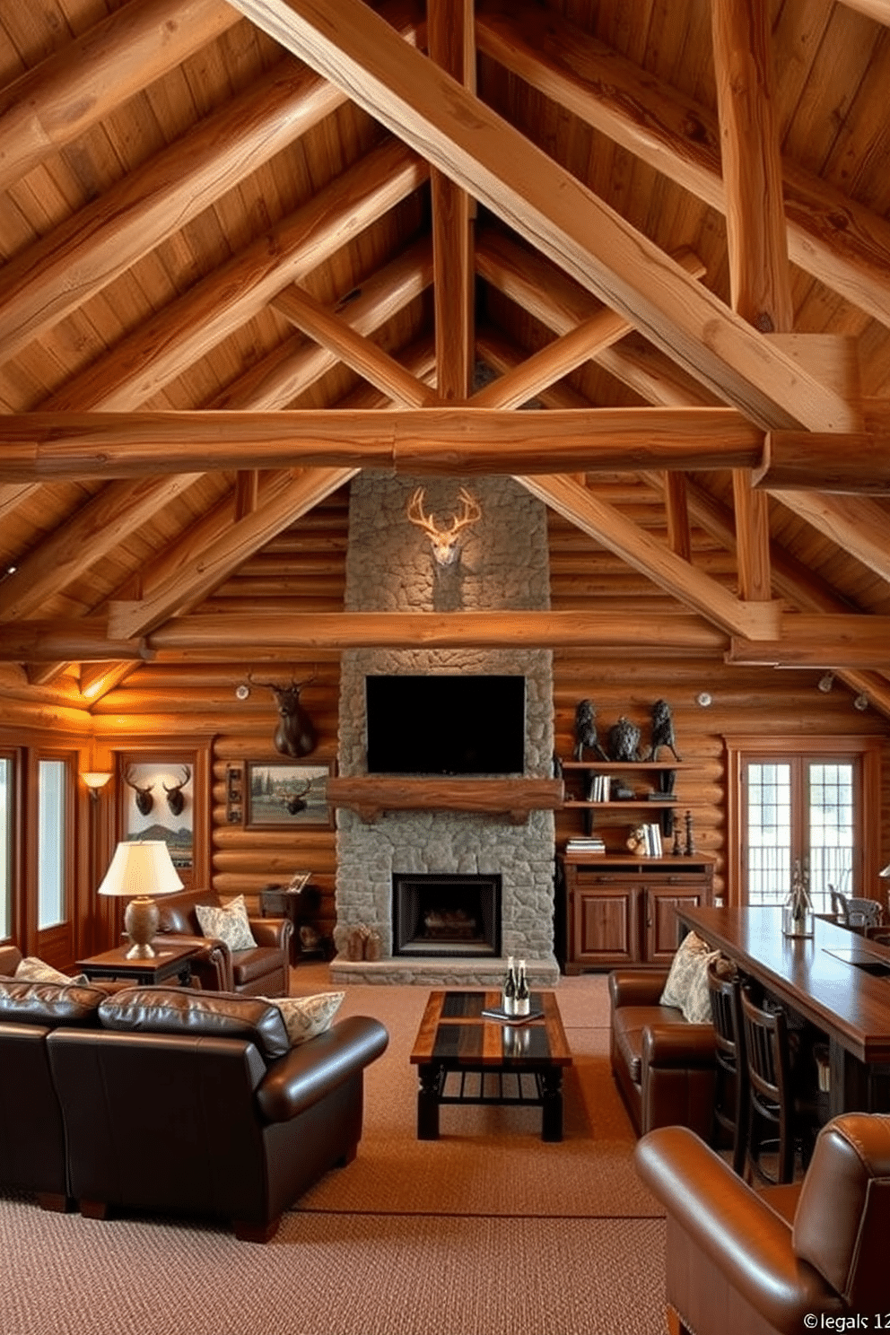 A cozy cabin retreat featuring exposed wooden beams that create a rustic yet inviting atmosphere. The space is adorned with plush leather seating, a stone fireplace, and a warm color palette that enhances the natural wood tones. A hunting-themed man cave designed for relaxation and entertainment. The room includes mounted trophies, a custom bar made from reclaimed wood, and comfortable seating that encourages gatherings with friends.