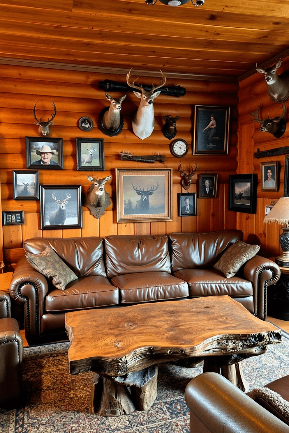 A cozy hunting man cave featuring rustic wood paneling on the walls, creating a warm and inviting atmosphere. The space is adorned with vintage hunting memorabilia, including mounted trophies and framed photographs, adding character and charm. A large leather sofa sits at the center, complemented by a rugged coffee table made from reclaimed wood. Soft, ambient lighting illuminates the room, enhancing the natural textures and creating a perfect retreat for relaxation and camaraderie.