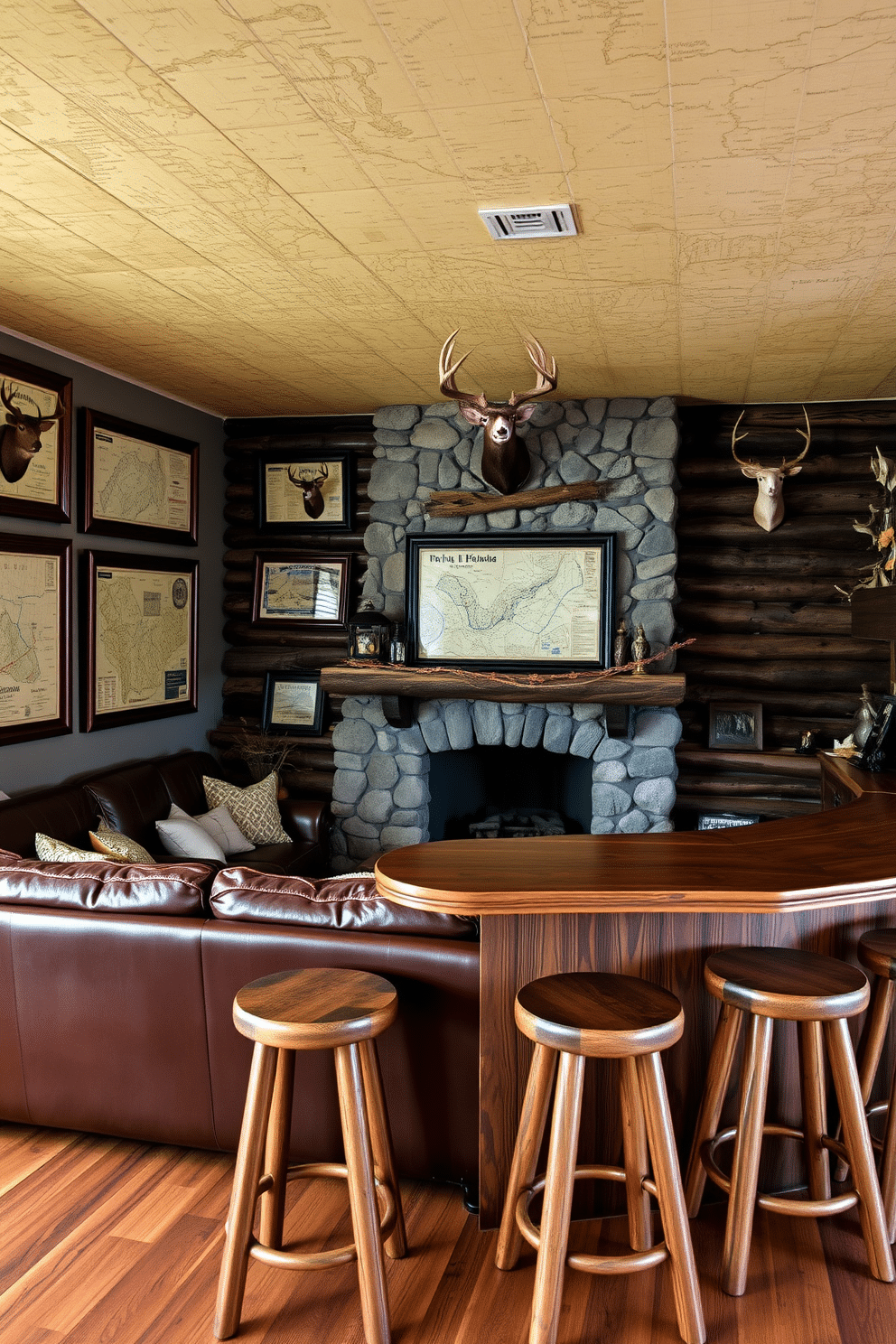 A rustic man cave featuring old hunting maps as wall decor. The walls are adorned with framed vintage maps, showcasing various hunting grounds, while a large leather sofa invites relaxation in front of a classic stone fireplace. The room includes a wooden bar area with high stools, crafted from reclaimed barn wood. Antler mounts and hunting trophies are strategically placed to enhance the adventurous spirit of the space.