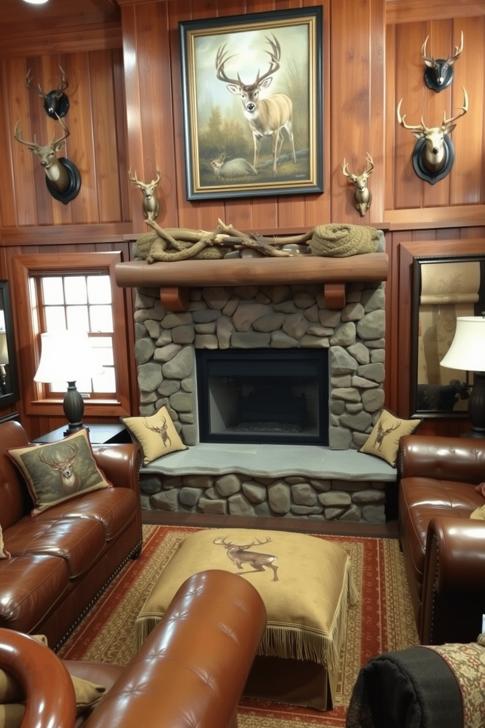 A cozy man cave designed with a hunting theme, featuring rich wood paneling and a stone fireplace as the focal point. The space is adorned with deer-themed throw pillows and blankets, creating a warm and inviting atmosphere. Rustic leather furniture complements the earthy tones of the decor, while mounted deer antlers add an authentic touch to the walls. A vintage hunting-themed artwork hangs above the fireplace, enhancing the overall ambiance of the room.