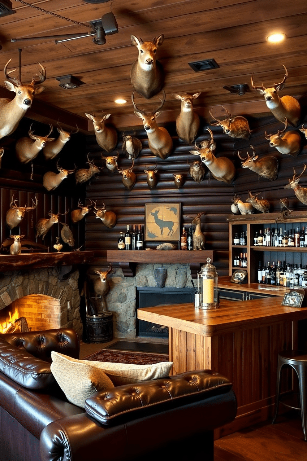 A rustic man cave adorned with vintage hunting trophies mounted on the walls, showcasing a variety of deer heads and game birds. The space features dark wood paneling, a leather sofa, and a stone fireplace, creating a cozy atmosphere for relaxation and entertainment. In one corner, a custom-built bar is crafted from reclaimed wood, stocked with an array of spirits and hunting memorabilia. Soft, warm lighting highlights the trophies, adding an inviting glow to the overall design.