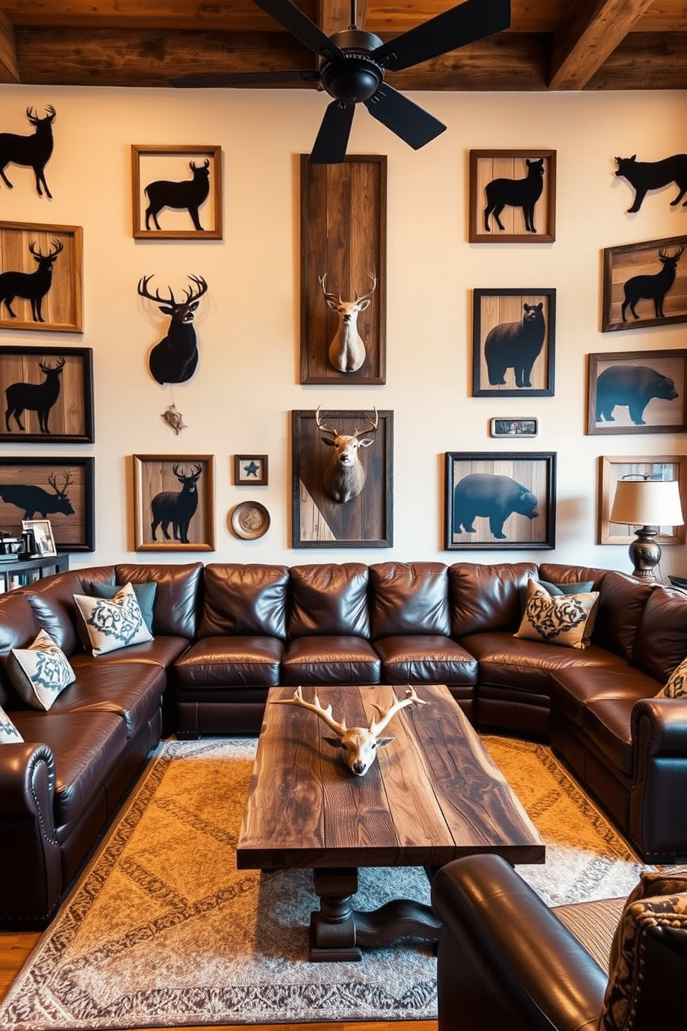 A rustic man cave featuring game animal silhouettes as wall art creates a captivating focal point. The walls are adorned with various framed silhouettes of deer, elk, and bear, enhancing the hunting theme. The space includes a large leather sectional sofa, perfect for relaxation after a day outdoors. A wooden coffee table made from reclaimed barn wood sits in the center, surrounded by vintage hunting memorabilia and a mounted trophy.