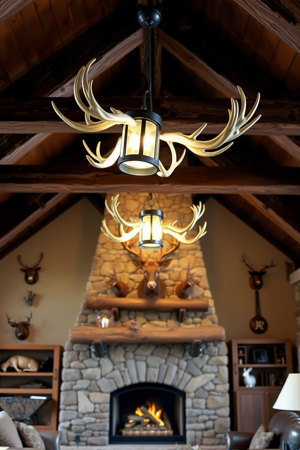 A cozy man cave designed for the avid hunter. The space features rustic wooden beams and a stone fireplace, with hunting trophies adorning the walls. For lighting, unique outdoor-themed fixtures are hung from the ceiling, resembling lanterns and antlers. Soft, warm light creates an inviting atmosphere, perfect for relaxing after a day in the field.