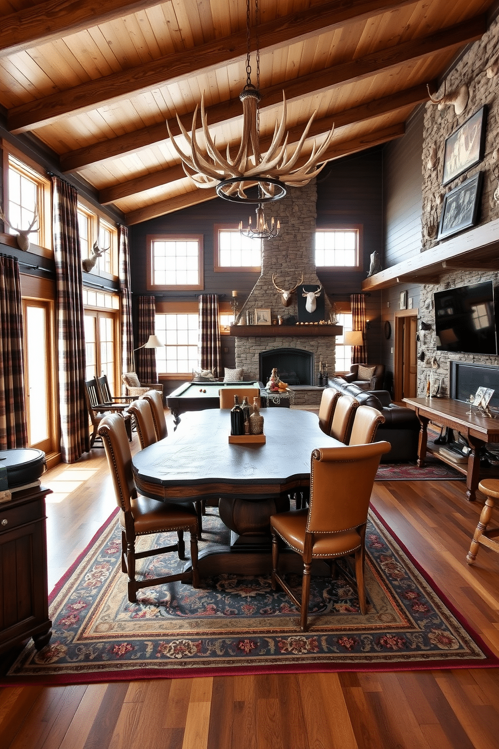 A rustic dining area inspired by a hunting lodge. The room features a large wooden table with a live edge, surrounded by mismatched leather and fabric chairs, creating a cozy and inviting atmosphere. The walls are adorned with mounted antlers and vintage hunting memorabilia, while a stone fireplace adds warmth to the space. Natural light floods in through large windows, framed by heavy plaid curtains that enhance the lodge aesthetic. A handcrafted chandelier made of antlers hangs above the table, casting a warm glow during evening meals. The floor is finished with wide-plank hardwood, complemented by a large area rug that adds color and comfort underfoot. --- A man cave designed for the avid hunter, featuring dark wood paneling and leather furniture for a masculine touch. The centerpiece is a custom-built bar with rustic stools, stocked with hunting-themed decor and a selection of fine spirits. A pool table occupies one corner, surrounded by framed photographs of hunting trips and trophies. Ambient lighting creates a relaxed atmosphere, while a large flat-screen TV is mounted above the fireplace for game days. The space is completed with a comfortable sectional sofa, perfect for lounging after a day outdoors. A collection of hunting gear and memorabilia is displayed on shelves, adding a personal touch to the design.