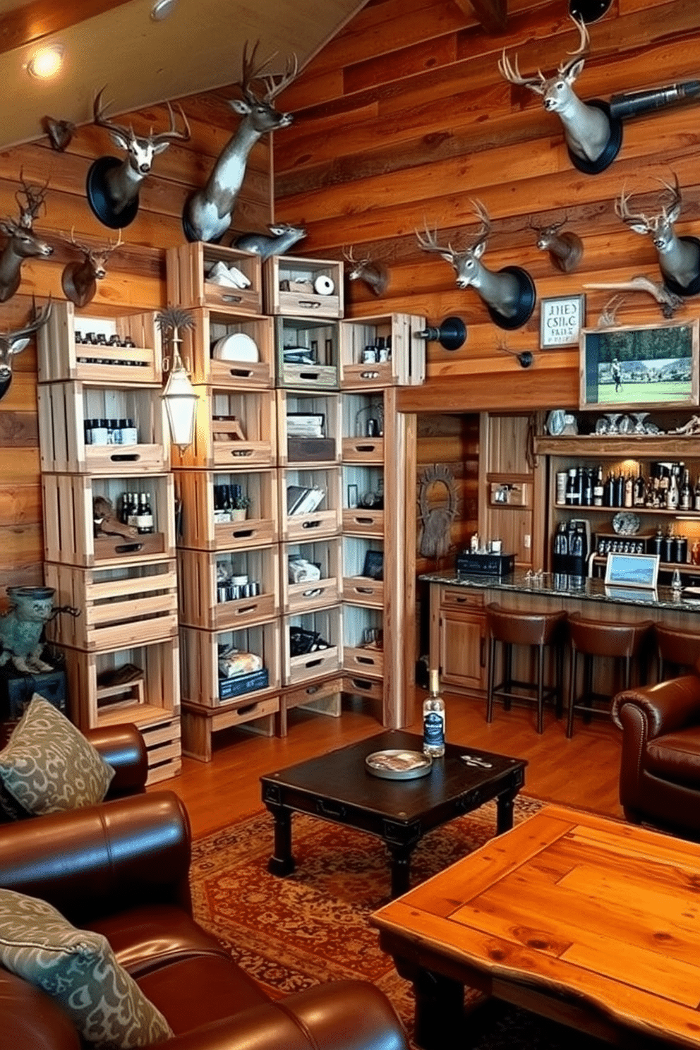 A rustic storage solution featuring wooden crates stacked creatively in a corner, creating an organized yet charming display. The crates are filled with various items, adding a personal touch, while a warm light illuminates the space, enhancing the cozy atmosphere. A hunting man cave designed with rich wood paneling and mounted trophies on the walls, creating an inviting retreat for enthusiasts. The room features comfortable leather seating, a large rustic coffee table, and a bar area stocked with hunting-themed decor and memorabilia.