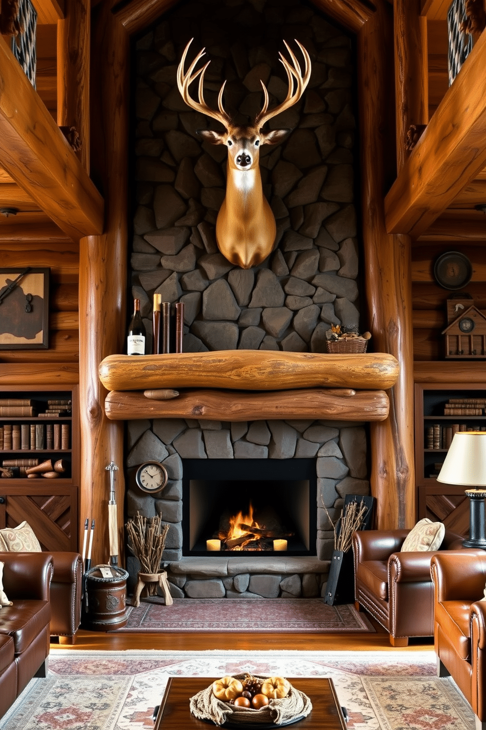 A rustic man cave featuring a grand fireplace with a deer head mount prominently displayed above it. The room is adorned with rich wooden paneling, leather furniture, and hunting-themed decor, creating a cozy yet masculine atmosphere.