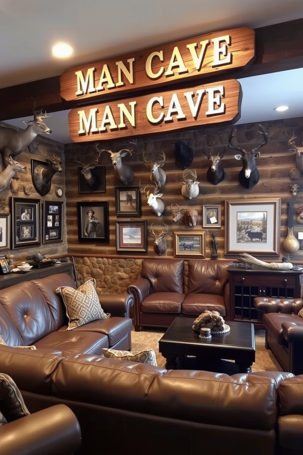 A personalized man cave features rustic wooden signage that highlights the owner's name and favorite hobbies, creating a welcoming atmosphere. The walls are adorned with memorabilia from hunting trips, including framed photos and mounted trophies, giving the space a unique character. For hunting man cave design ideas, consider incorporating earthy tones and natural materials like stone and leather to evoke the great outdoors. Plush seating and a large coffee table provide comfort for gatherings, while strategically placed lighting enhances the ambiance for evening relaxation.