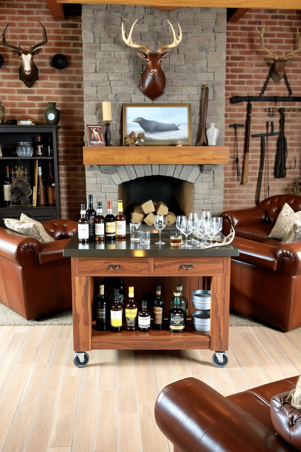 A rustic bar cart made of reclaimed wood stands against a backdrop of exposed brick walls, adorned with hunting trophies and vintage fishing gear. The cart features a polished metal top, showcasing an array of whiskey bottles and glassware, while antler accents add a touch of rugged charm. The man cave is designed with deep leather seating and a stone fireplace, creating a warm and inviting atmosphere. Rich, earthy tones dominate the space, complemented by hunting-themed artwork and decorative elements that celebrate the outdoors.