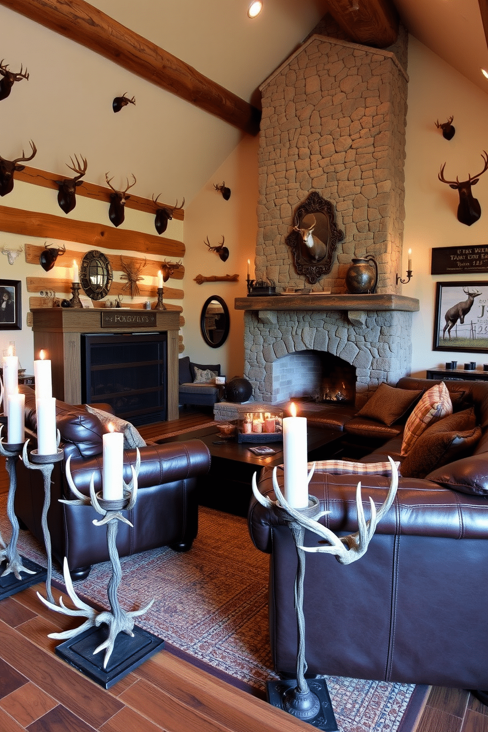 A rustic man cave featuring antler candle holders strategically placed around the room to create a warm ambiance. The walls are adorned with hunting trophies, and a large leather sectional sofa invites relaxation in front of a stone fireplace.