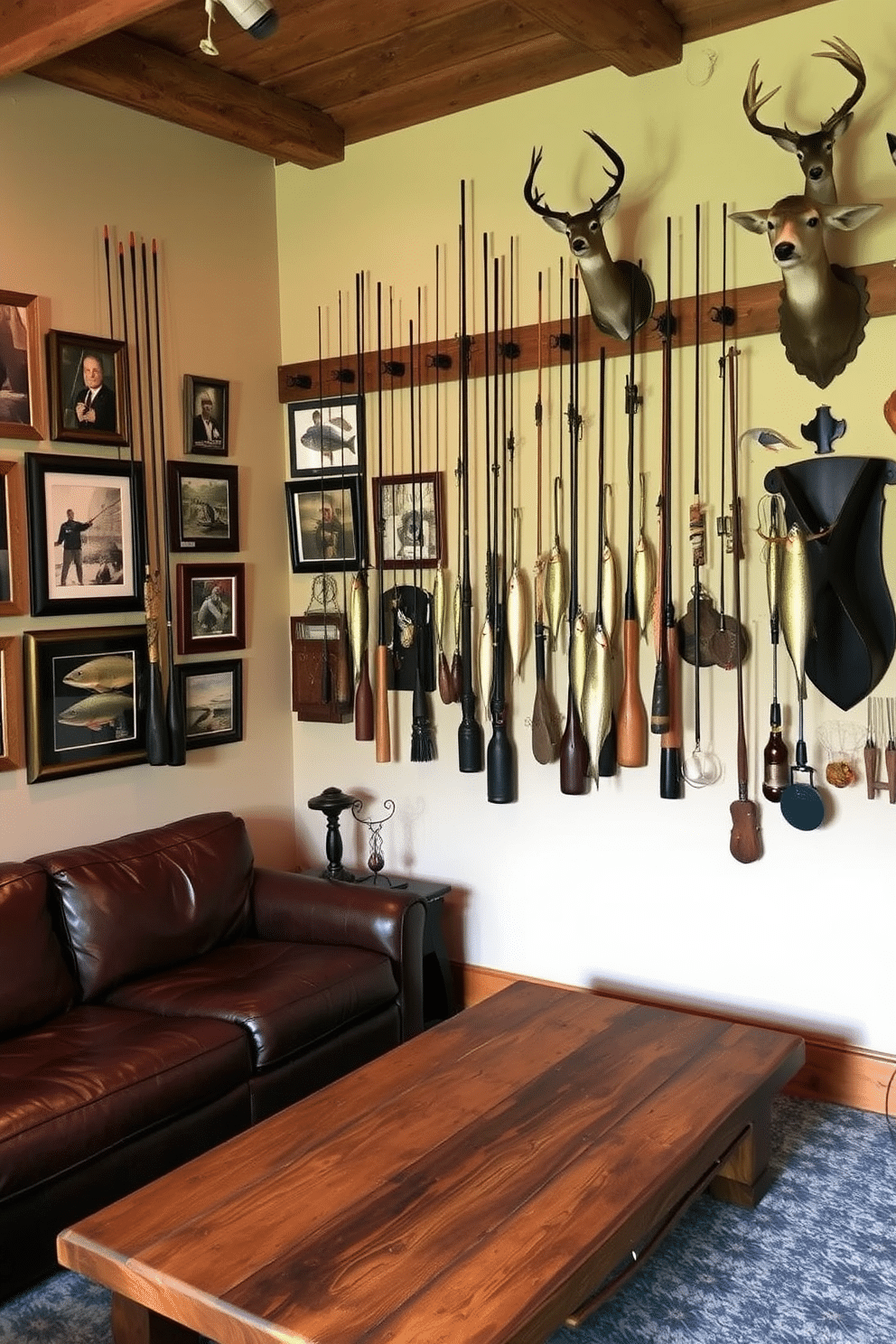 A rustic man cave featuring wall-mounted fishing rods as decor. The walls are adorned with various fishing memorabilia, including framed photos of past catches and vintage lures. The space includes a comfortable leather sofa and a wooden coffee table made from reclaimed wood. A mounted deer head and fishing trophies add to the rugged ambiance, while soft lighting creates a cozy atmosphere.