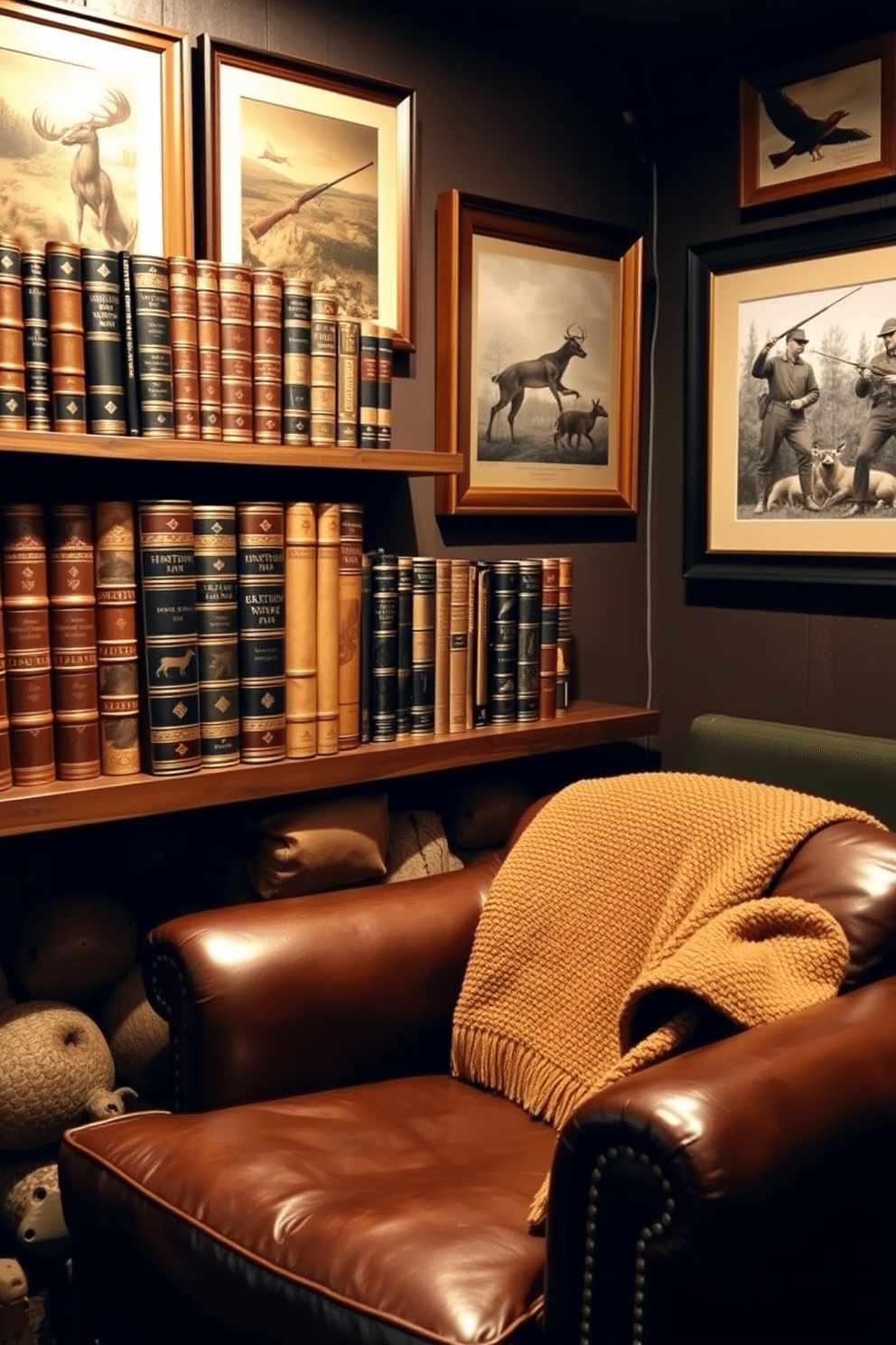 A cozy hunting man cave featuring leather-bound books on hunting topics arranged on a rustic wooden shelf. The walls are adorned with framed vintage hunting photographs, and a large leather armchair sits invitingly in the corner, complemented by a warm, textured throw blanket.