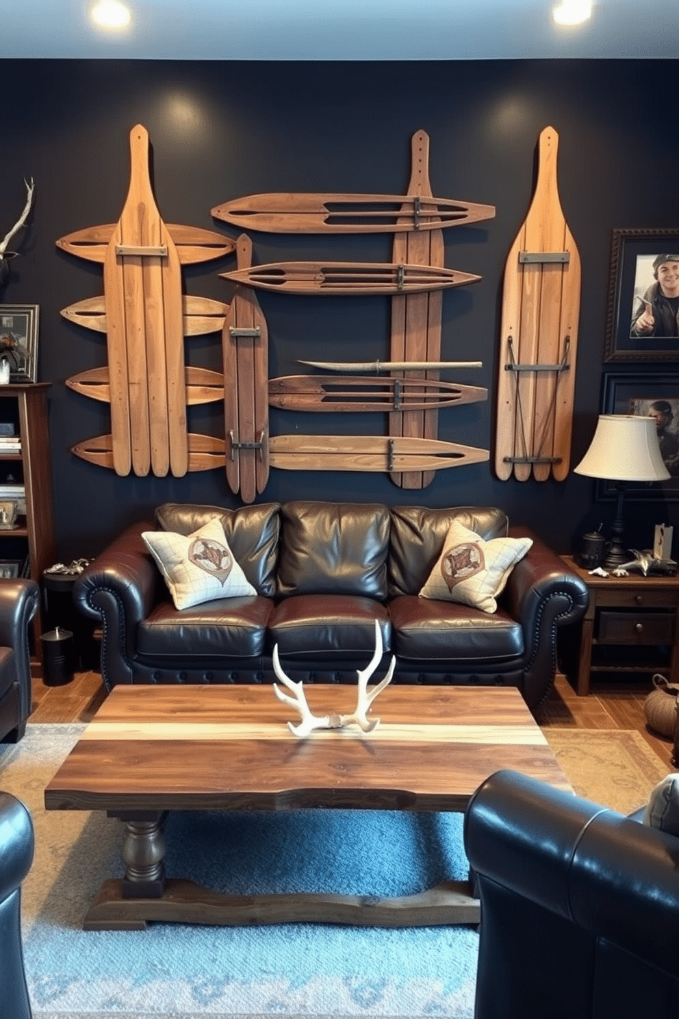 Old wooden sleds are creatively arranged as wall art, adding rustic charm and a sense of nostalgia to the space. The sleds are mounted at varying heights, creating an eye-catching focal point that draws the eye upward. The man cave features a cozy leather sofa paired with a reclaimed wood coffee table, ideal for gathering with friends. Dark, earthy tones dominate the color palette, while hunting-themed decor, such as antlers and framed wildlife photography, enhances the adventurous spirit of the room.