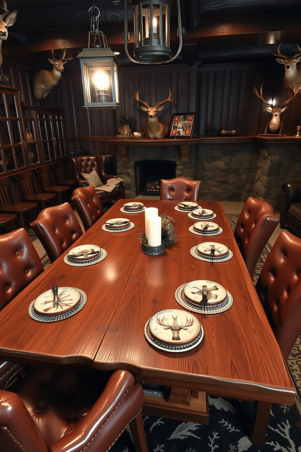 A rustic man cave designed for hunting enthusiasts features a large wooden dining table surrounded by leather chairs, all adorned with hunting-themed coasters depicting various game animals. The walls are decorated with mounted trophies, and the tableware includes ceramic plates with camouflage patterns and silverware featuring antler designs. The space is illuminated by vintage-style lanterns, casting a warm glow over the dark wood paneling and stone fireplace. A plush area rug with a nature motif anchors the seating area, creating a cozy atmosphere perfect for gatherings after a day in the field.