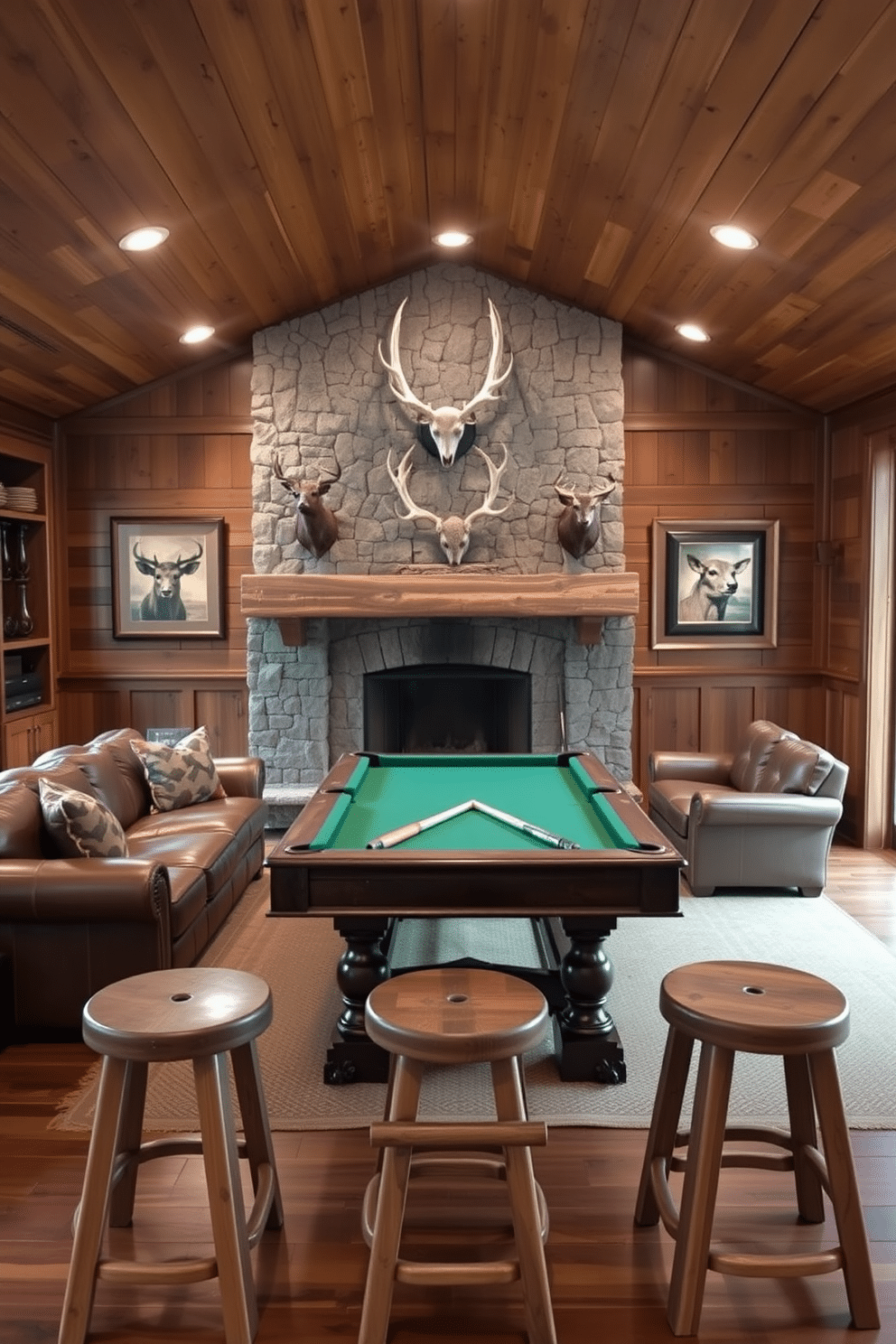 A cozy man cave designed for relaxation and leisure. The space features a large leather sectional sofa facing a rustic stone fireplace, with mounted antlers above the mantel. Rich wooden paneling lines the walls, creating a warm and inviting ambiance. A vintage pool table occupies the center of the room, surrounded by bar stools made of reclaimed wood.