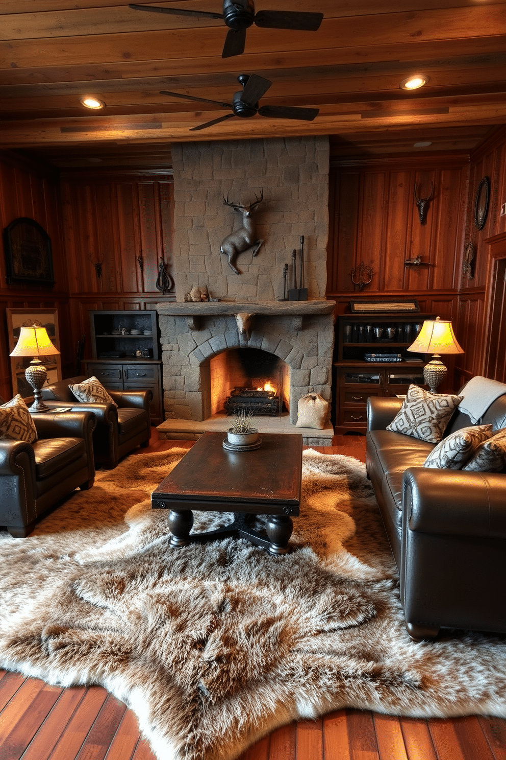 A cozy hunting man cave featuring rich wooden paneling and earthy tones. A large faux fur rug covers the floor, adding warmth and texture, while a rustic stone fireplace serves as the focal point of the room. Leather seating is arranged around a handcrafted coffee table, perfect for gatherings. Vintage hunting memorabilia adorns the walls, complemented by strategically placed ambient lighting to create a relaxed atmosphere.