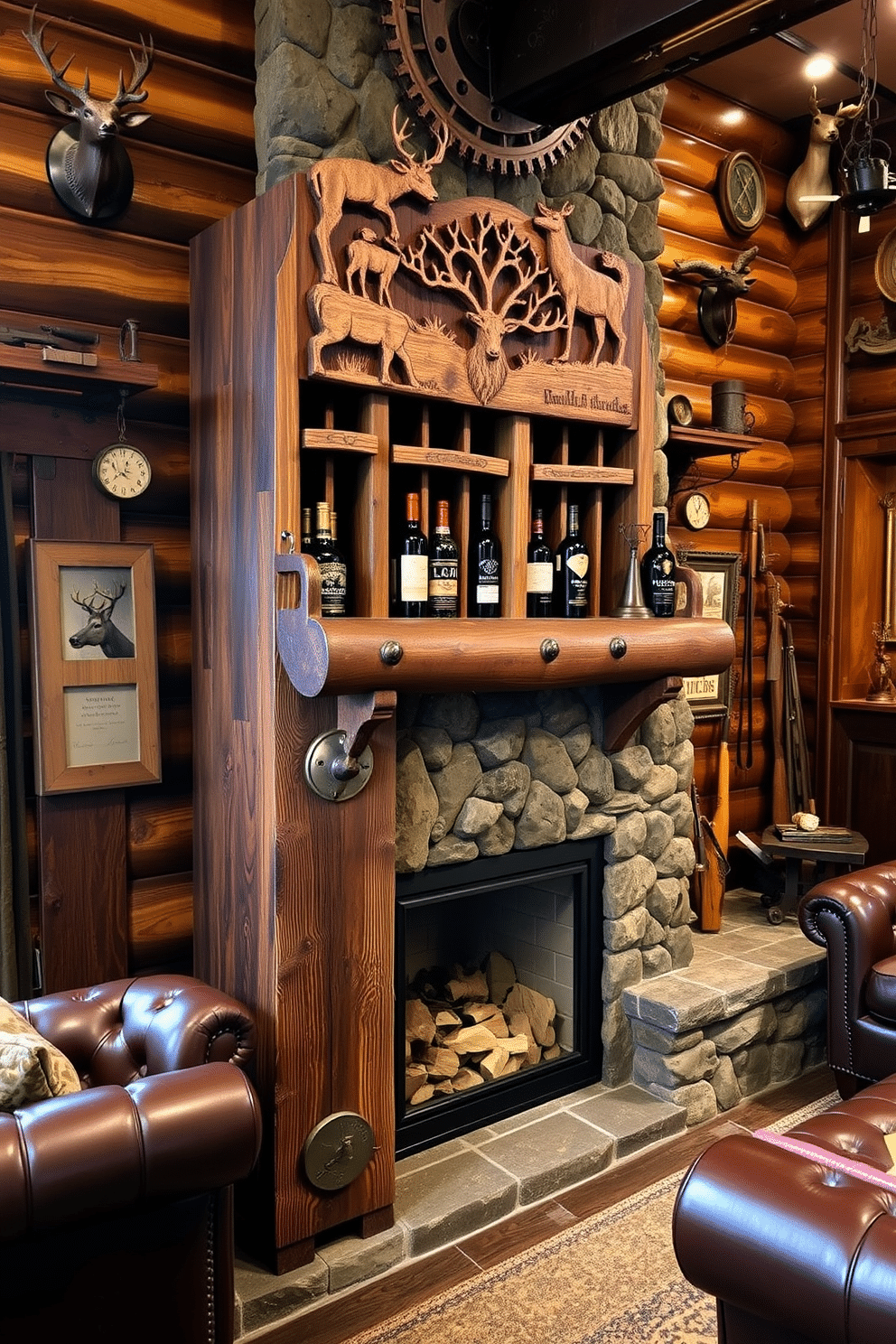 A rustic wine rack crafted from reclaimed wood showcases intricate hunting motifs, featuring carved deer and woodland scenes. The rack is adorned with vintage wine bottles and rustic metal accents, creating a warm and inviting atmosphere. The hunting man cave is designed with rich, dark wood paneling and leather furniture, complemented by a stone fireplace as the focal point. Vintage hunting gear and framed trophies decorate the walls, enhancing the rugged charm of the space.