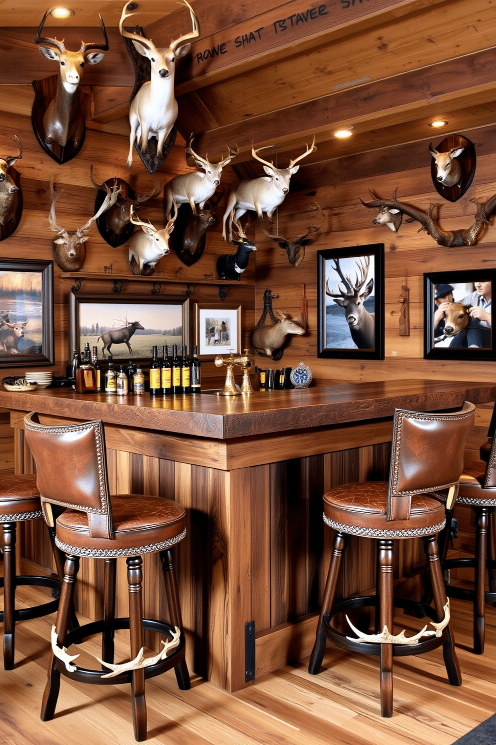 A rustic wooden bar crafted from reclaimed wood serves as the centerpiece of the man cave, surrounded by hunting-themed stools featuring leather upholstery and antler accents. The walls are adorned with vintage hunting trophies and framed photographs of outdoor adventures, creating a cozy yet adventurous atmosphere.