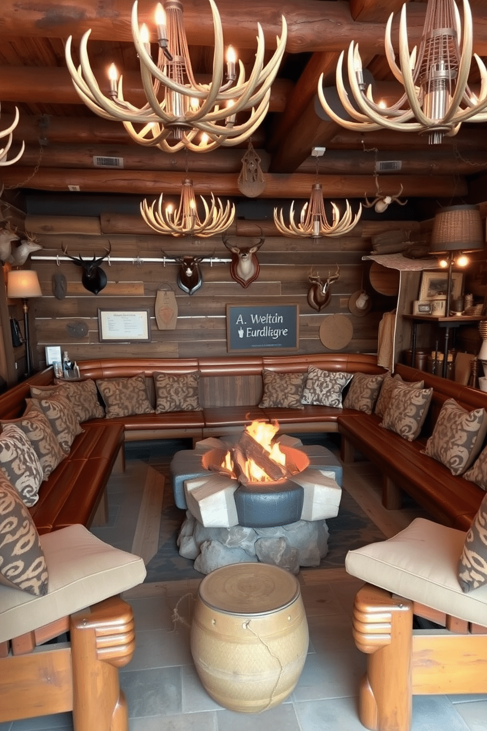 A cozy seating area features rustic wooden benches arranged around a central fire pit. The benches are adorned with plush cushions in earthy tones, creating an inviting atmosphere for relaxation and conversation. The hunting man cave is designed with a blend of rugged charm and comfort. Antler chandeliers hang from the ceiling, while walls are decorated with mounted trophies and vintage hunting memorabilia, enhancing the adventurous spirit of the space.