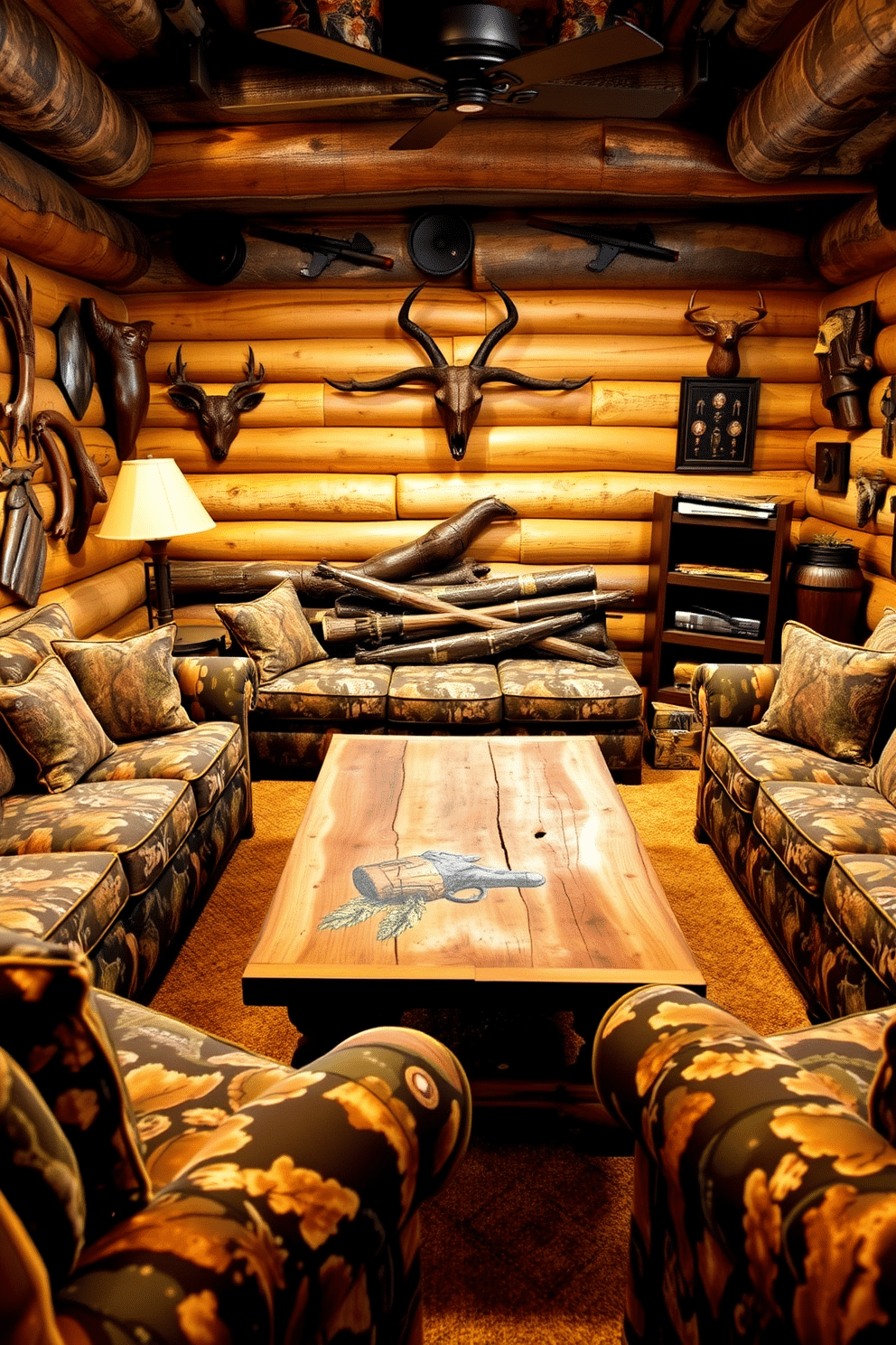 A rugged man cave featuring camouflage-patterned seating and cushions that blend seamlessly with the earthy tones of the room. The walls are adorned with hunting memorabilia, and a rustic wooden coffee table sits at the center, flanked by plush seating for ultimate comfort.