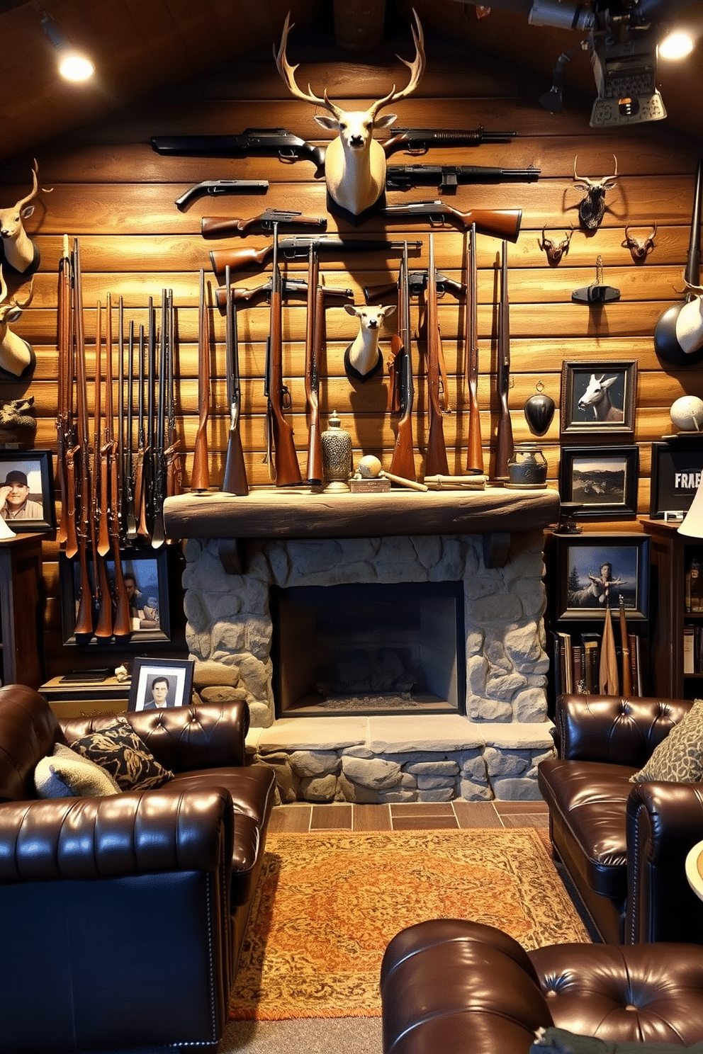 A vintage hunting gear wall display showcases an array of antique rifles, leather straps, and old hunting trophies arranged artfully on a rustic wooden wall. Soft, warm lighting highlights the textures of the leather and wood, creating an inviting atmosphere that evokes nostalgia for the great outdoors. The man cave features rich, dark wood furnishings and plush leather seating, complemented by a stone fireplace that serves as the focal point of the room. Vintage hunting decor, including framed photographs and mounted deer heads, adds character and a sense of adventure to the space.