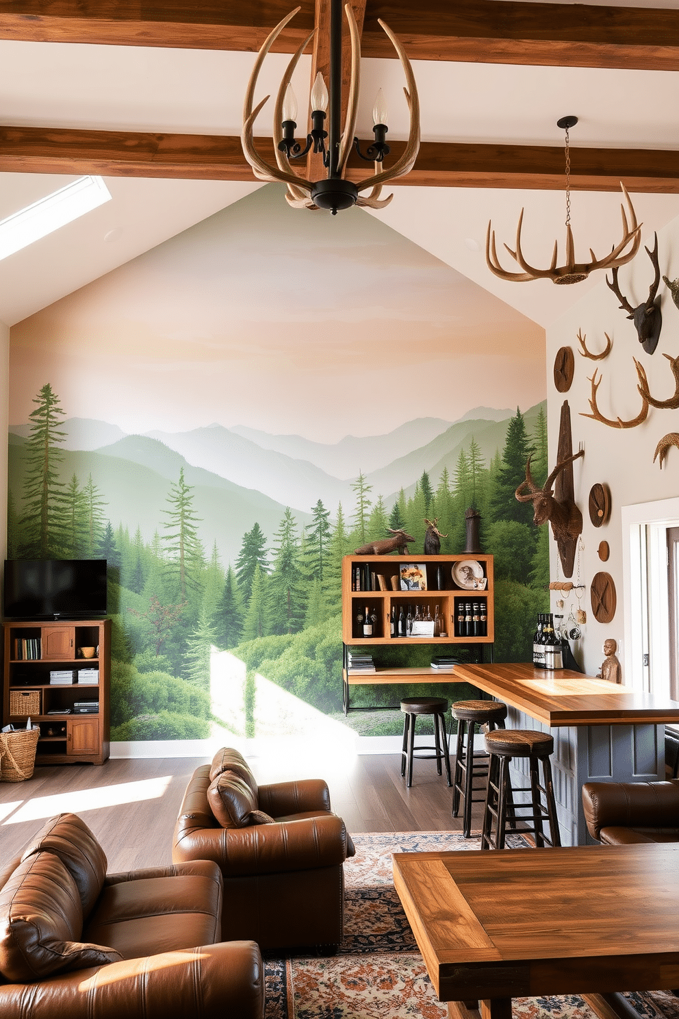 A serene nature-inspired mural adorns the main wall, featuring lush green trees and tranquil mountains in soft pastels. The room is filled with natural light, enhancing the earthy tones and creating a calming atmosphere. The hunting man cave is designed with rustic charm, featuring a reclaimed wood bar and leather seating. Antler decor and vintage hunting memorabilia are showcased on the walls, creating a cozy and inviting space for relaxation and entertainment.