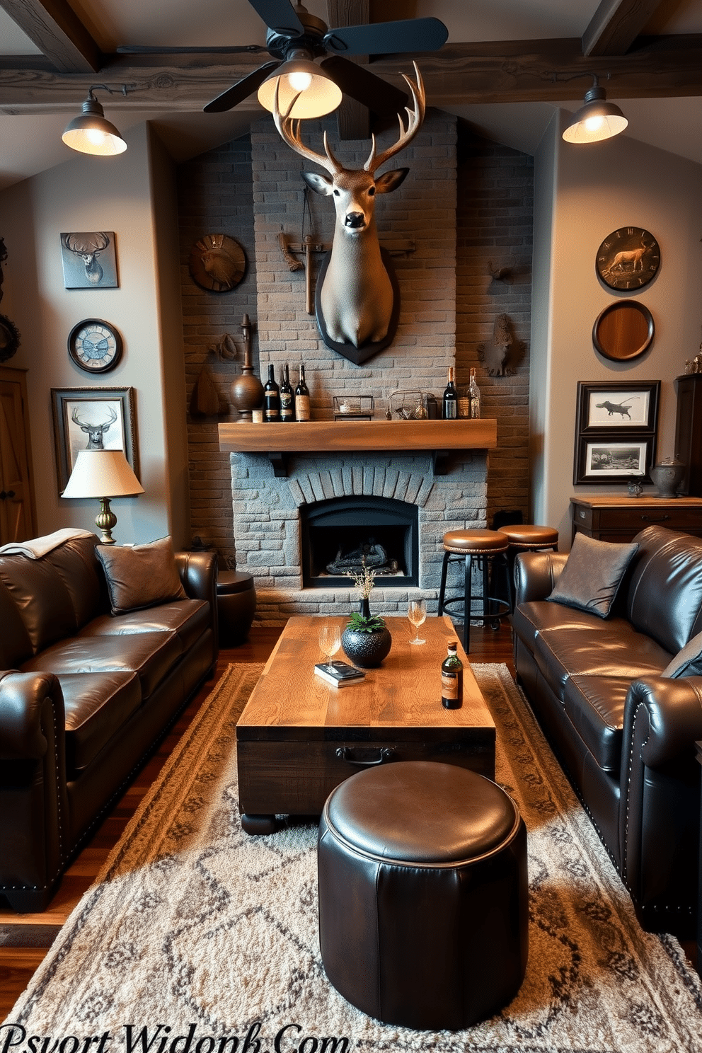 A rugged man cave featuring rich leather couches in deep brown tones, complemented by a reclaimed wood coffee table at the center. The walls are adorned with vintage hunting memorabilia, and a large, mounted deer head serves as a striking focal point above a stone fireplace. Soft, warm lighting from industrial-style fixtures creates an inviting atmosphere, while a plush area rug adds comfort underfoot. The space also includes a well-stocked bar cart, surrounded by rustic bar stools, perfect for entertaining friends after a day in the great outdoors.