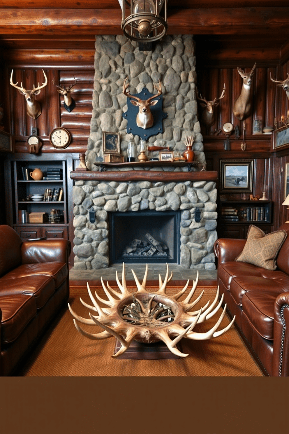 A rugged hunting man cave featuring an antler coffee table as the focal point. The room is adorned with rich, dark wood paneling and a stone fireplace, creating a warm and inviting atmosphere. Surrounding the coffee table, plush leather sofas in deep brown offer comfortable seating. Vintage hunting memorabilia and mounted trophies decorate the walls, adding character and a sense of adventure to the space.