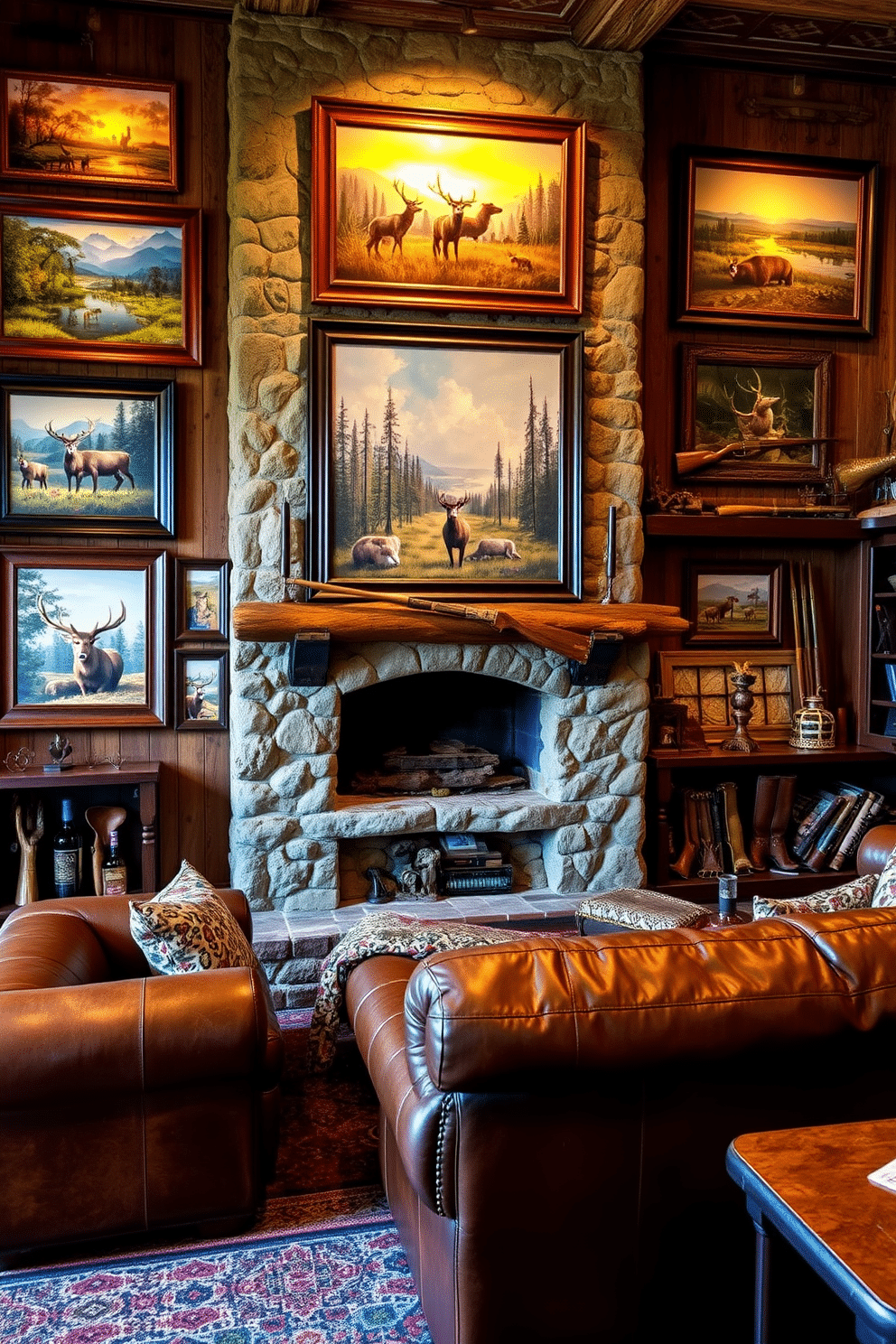 A rustic man cave designed for hunting enthusiasts. The walls are adorned with various hunting-themed artwork and prints, showcasing majestic wildlife and outdoor scenes, framed in dark wood. A large leather sofa is positioned in front of a stone fireplace, creating a cozy gathering spot. Vintage hunting gear and trophies are displayed on shelves, adding character and authenticity to the space.