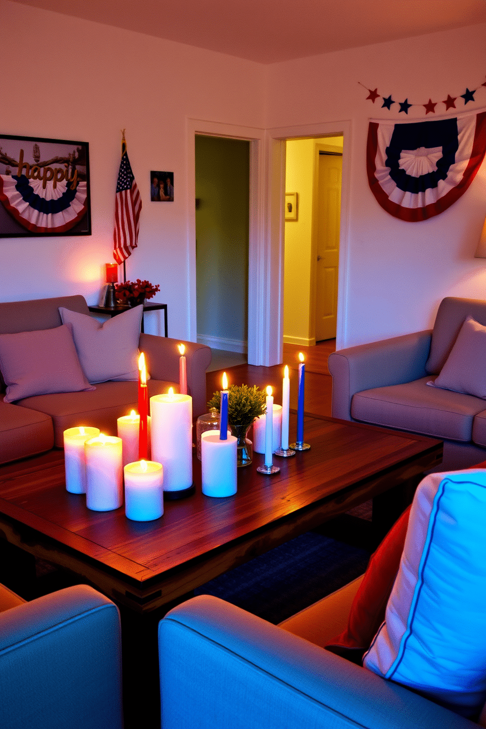 A cozy apartment setting adorned with red white and blue candles creating a warm ambiance. The candles are arranged on a rustic wooden coffee table surrounded by comfortable seating in a patriotic theme. The walls are decorated with festive artwork and bunting, celebrating Independence Day. Soft lighting enhances the cheerful atmosphere, making the space inviting for gatherings and celebrations.