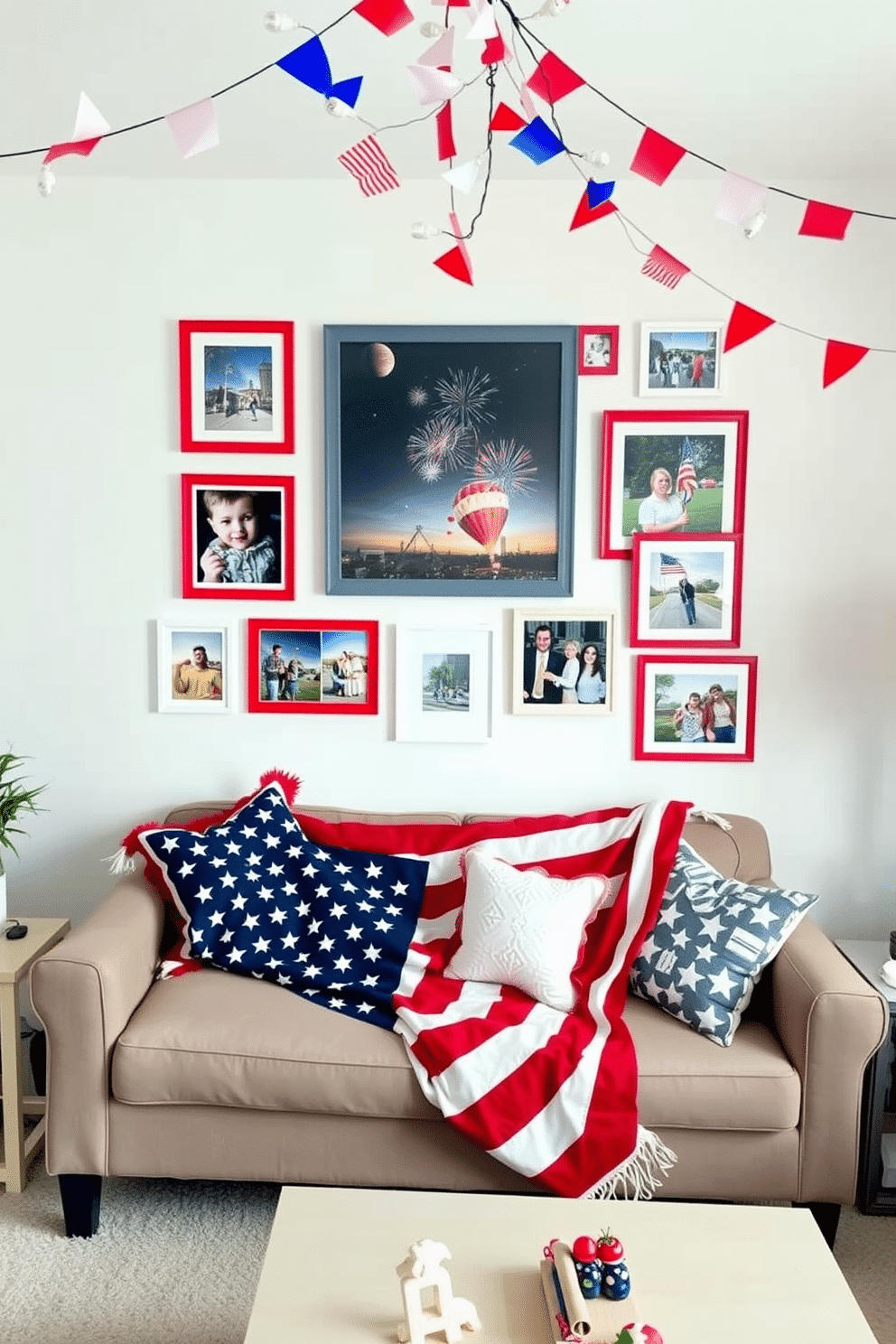 A vibrant Independence Day themed photo gallery wall showcases a collection of framed pictures featuring fireworks, parades, and family gatherings. The frames are a mix of red, white, and blue colors, arranged in a playful yet balanced manner on a white wall. For Independence Day apartment decorating ideas, imagine a cozy living room adorned with patriotic throw pillows and a large American flag draped over the sofa. Festive bunting and string lights in red, white, and blue hang from the ceiling, creating a cheerful atmosphere perfect for celebrating the holiday.