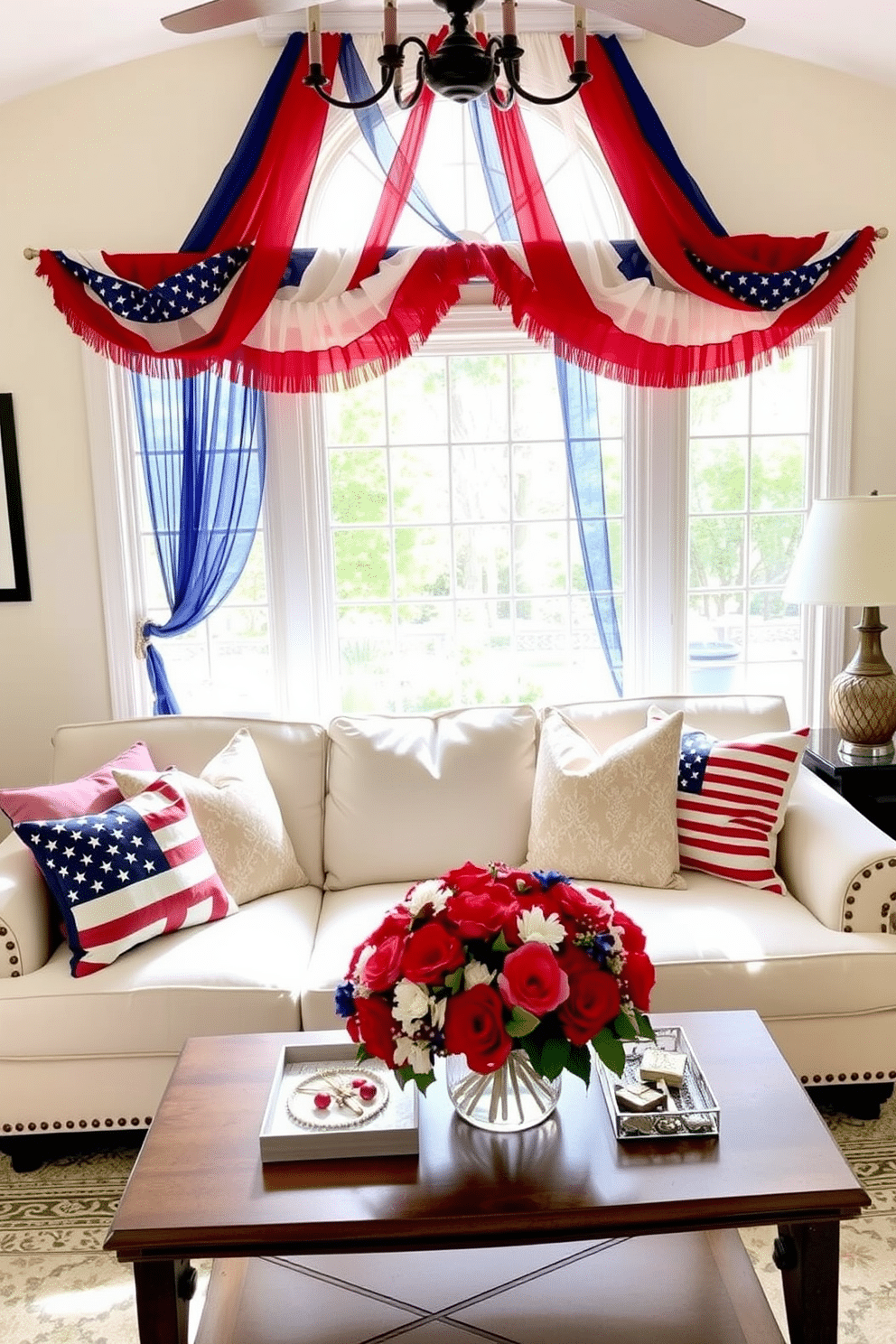 A festive living room adorned with red white and blue bunting draped elegantly across the windows. The space features a cozy sofa with patriotic throw pillows and a coffee table decorated with a centerpiece of fresh flowers in similar colors.