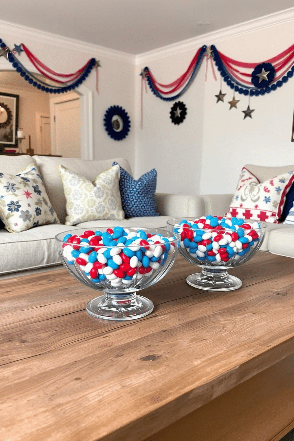 Decorative bowls filled with an assortment of red, white, and blue candies sit on a rustic wooden coffee table. The bowls are crafted from clear glass, allowing the vibrant colors of the candies to shine through, creating a festive centerpiece for the room. The apartment is adorned with subtle Independence Day decorations, including star-shaped garlands draped along the walls. Cushions featuring patriotic patterns are scattered across the sofa, enhancing the celebratory atmosphere while maintaining an elegant aesthetic.