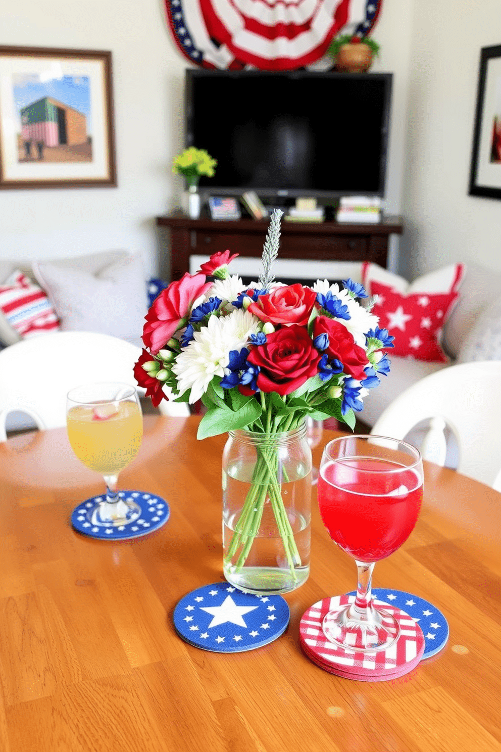 Patriotic themed coasters for drinks. The coasters feature vibrant red white and blue colors with stars and stripes designs. Independence Day Apartment Decorating Ideas. The living room is adorned with festive bunting and throw pillows in patriotic colors while the dining table is set with a themed centerpiece of fresh flowers in red white and blue.