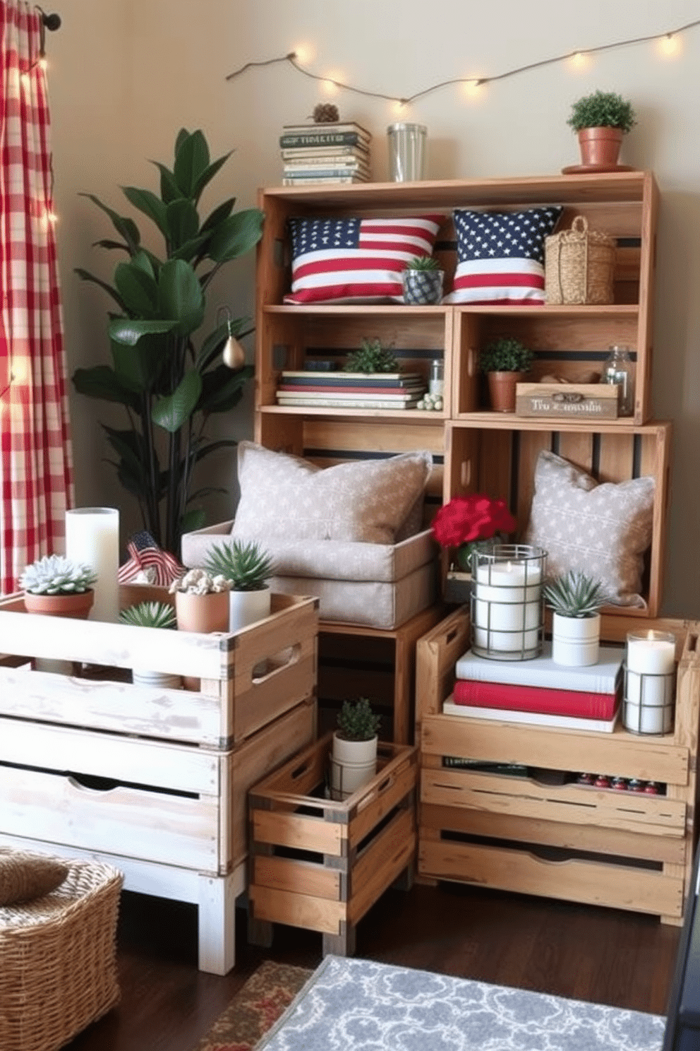 Vintage crates for displaying decor items. Arrange several weathered wooden crates of varying sizes in a cozy living room corner, each filled with an assortment of decorative items like potted plants, candles, and books. Independence Day Apartment Decorating Ideas. Adorn your apartment with red, white, and blue accents by using patriotic throw pillows, festive table settings, and string lights to create a warm and inviting atmosphere for the holiday.