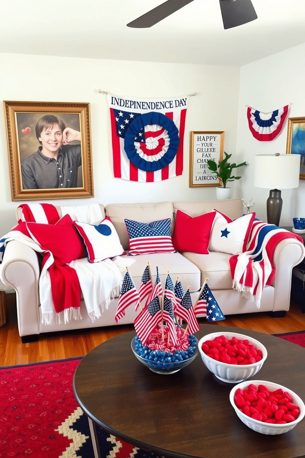 A cozy living room decorated for Independence Day. The space features red white and blue throw blankets draped over a plush sofa with patriotic pillows. The walls are adorned with festive artwork and banners celebrating the holiday. A coffee table is set with a centerpiece of mini American flags and a bowl of red white and blue snacks.