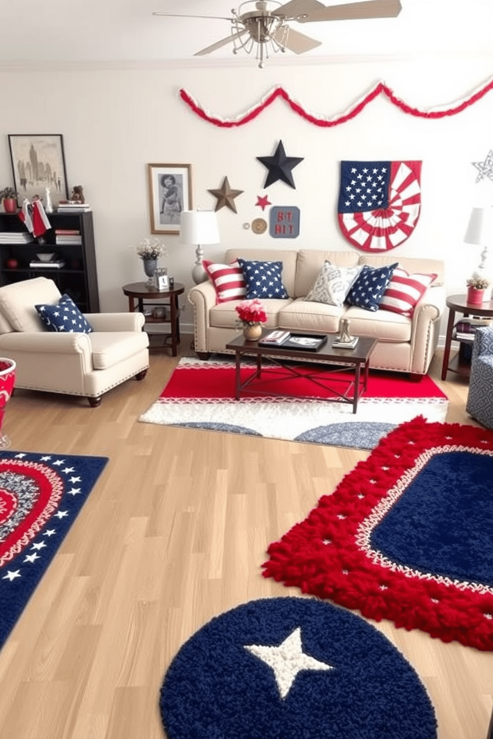 A vibrant living room featuring red white and blue accent rugs that add a festive touch to the space. The rugs are layered over a neutral hardwood floor, creating a cozy atmosphere perfect for celebrating Independence Day. The walls are adorned with patriotic artwork and decorative elements that reflect the spirit of the holiday. A comfortable sofa is accented with throw pillows in coordinating colors, inviting guests to relax and enjoy the festive decor.