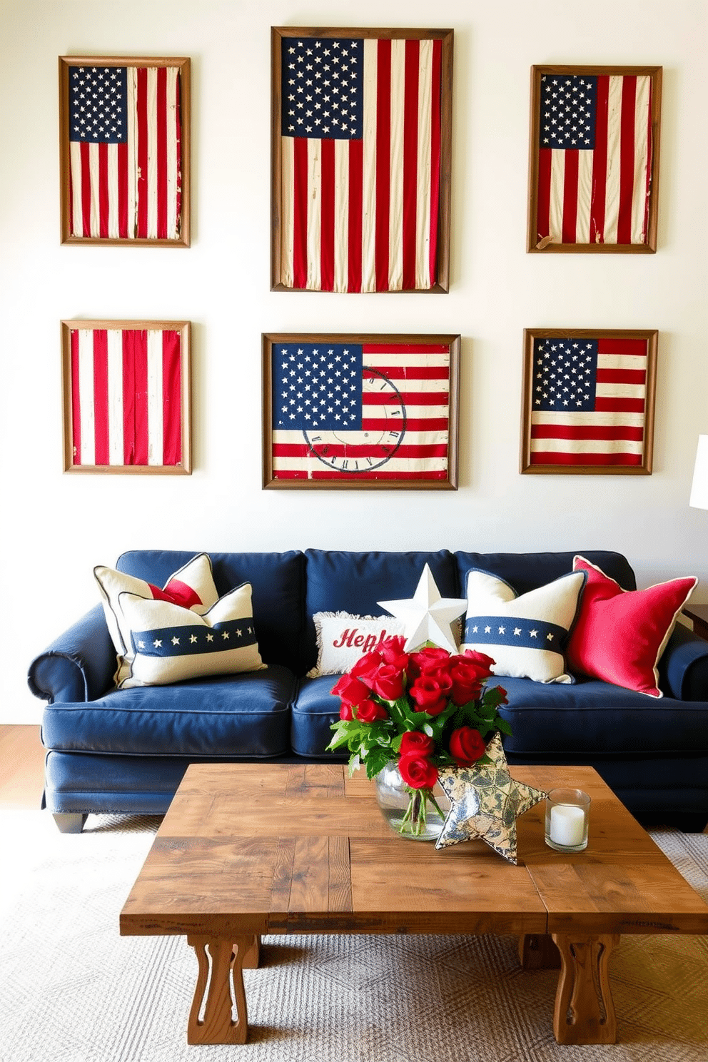 A stylish living room adorned with vintage American flags as wall art creates a festive atmosphere for Independence Day. The walls are painted in a soft cream, and the flags are framed in rustic wooden frames, adding a touch of Americana to the decor. A cozy seating area features a plush navy blue sofa with red and white accent pillows. A coffee table made of reclaimed wood sits in the center, topped with a bouquet of fresh red roses and a few decorative stars and stripes items.