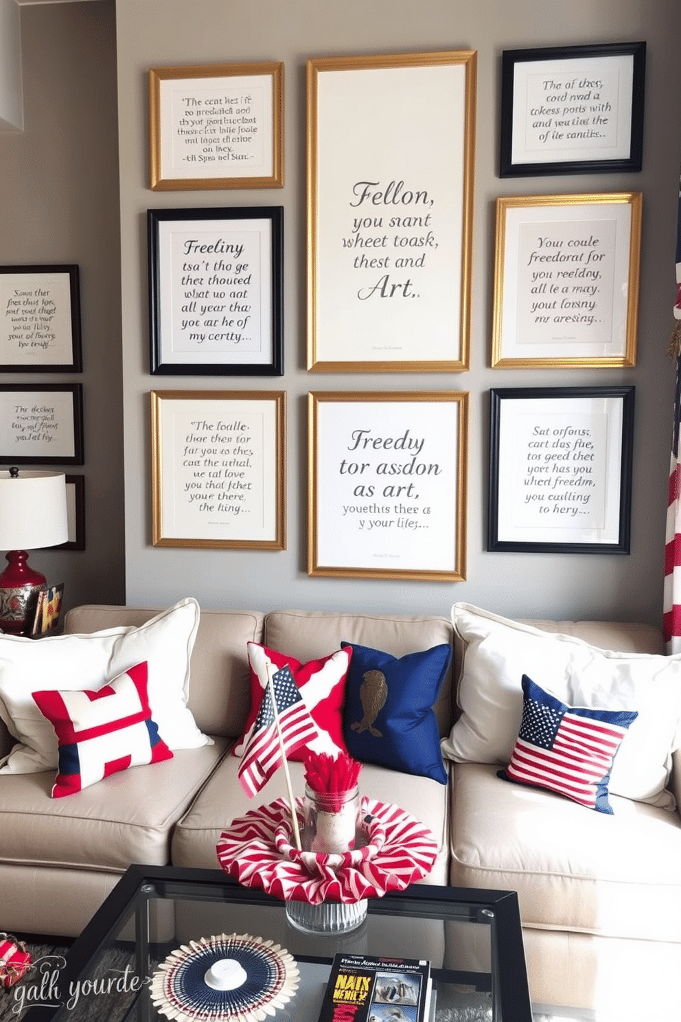 Framed quotes about freedom as art adorn the walls of the living space. Each quote is elegantly displayed in a variety of frame styles, with colors that complement the room's decor. Independence Day decorations add a festive touch to the apartment. Red, white, and blue accents are incorporated through cushions, table settings, and wall hangings, creating a cohesive and celebratory atmosphere.