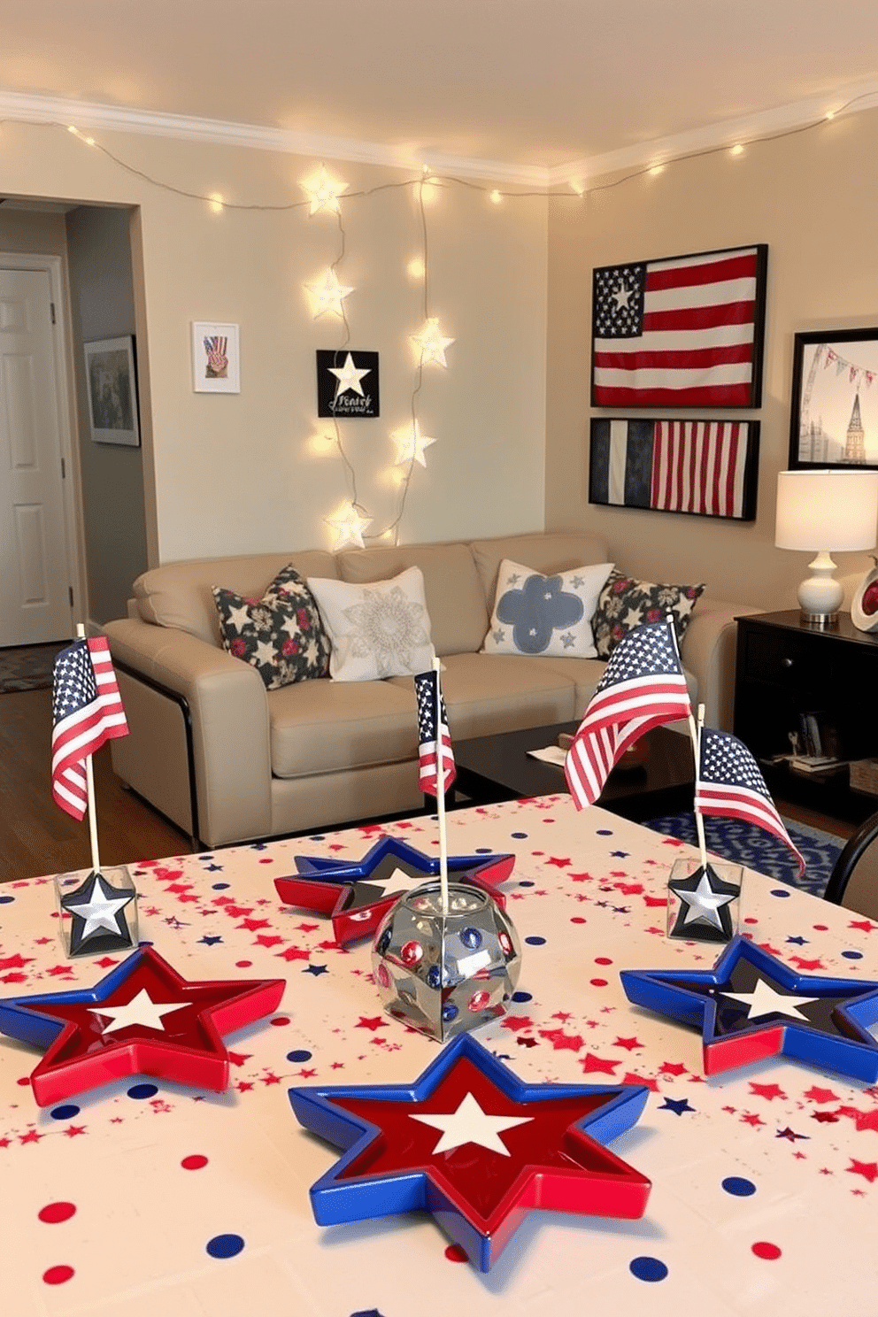 A festive table setting featuring star-shaped plates in red, white, and blue colors. The table is adorned with a vibrant tablecloth, and small American flags are placed in decorative holders. The apartment is decorated with patriotic accents, including throw pillows and wall art that celebrate Independence Day. String lights in the shape of stars add a warm glow to the festive atmosphere.