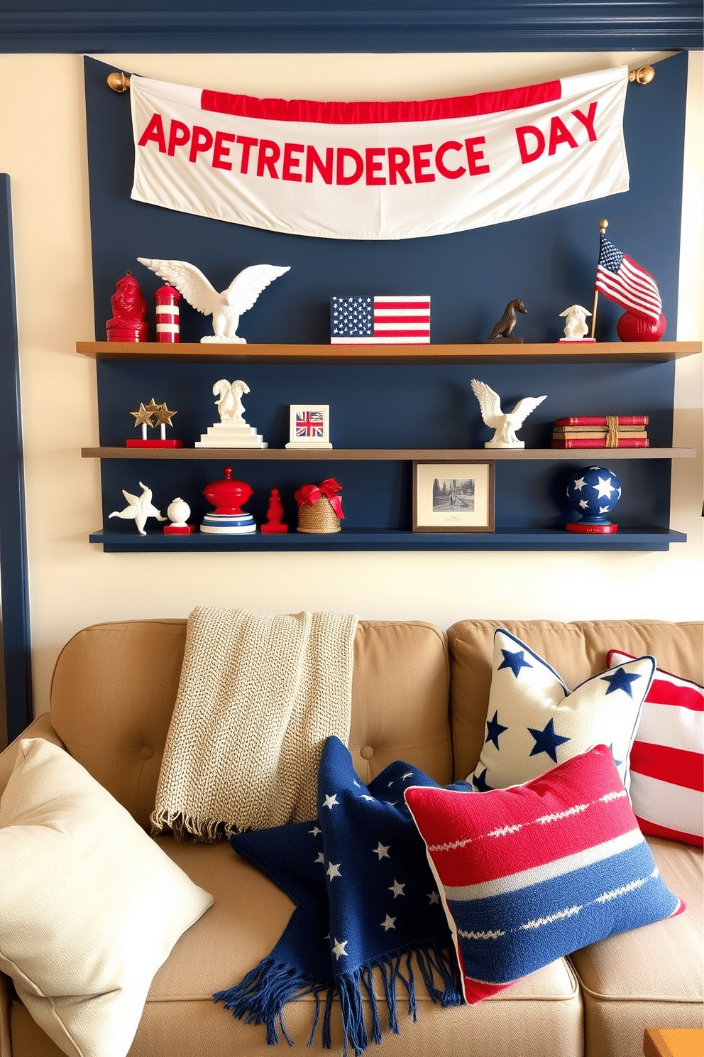 A cozy living room adorned with patriotic themed figurines displayed on wooden shelves. The shelves are painted in a deep blue color, and the figurines include classic symbols like eagles and flags, adding a festive touch to the space. Red, white, and blue accents are incorporated throughout the room, including throw pillows and a woven blanket draped over a neutral-toned sofa. A vibrant banner celebrating Independence Day hangs above the shelves, enhancing the holiday spirit in the apartment.